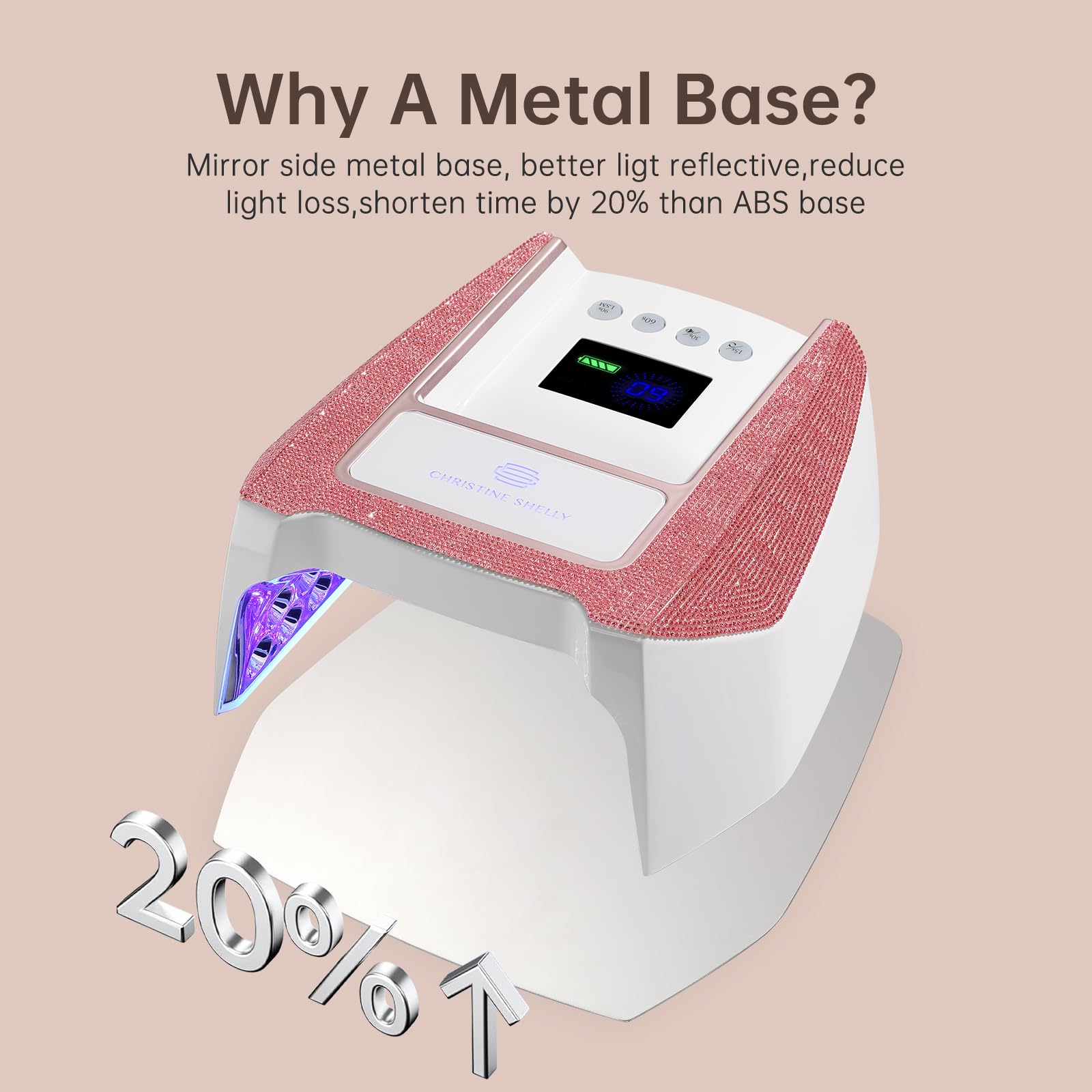 CHRISTINE SHELLY UV Nail Lamp – Cordless Gel Light with Auto Sensor, 4 Timers, 96W, Pink Diamond