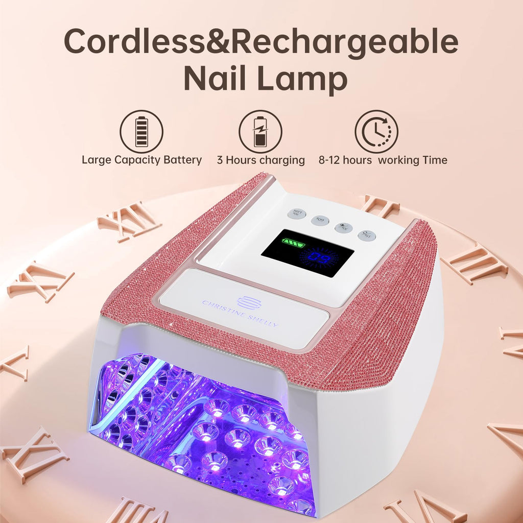 CHRISTINE SHELLY UV Nail Lamp – Cordless Gel Light with Auto Sensor, 4 Timers, 96W, Pink Diamond
