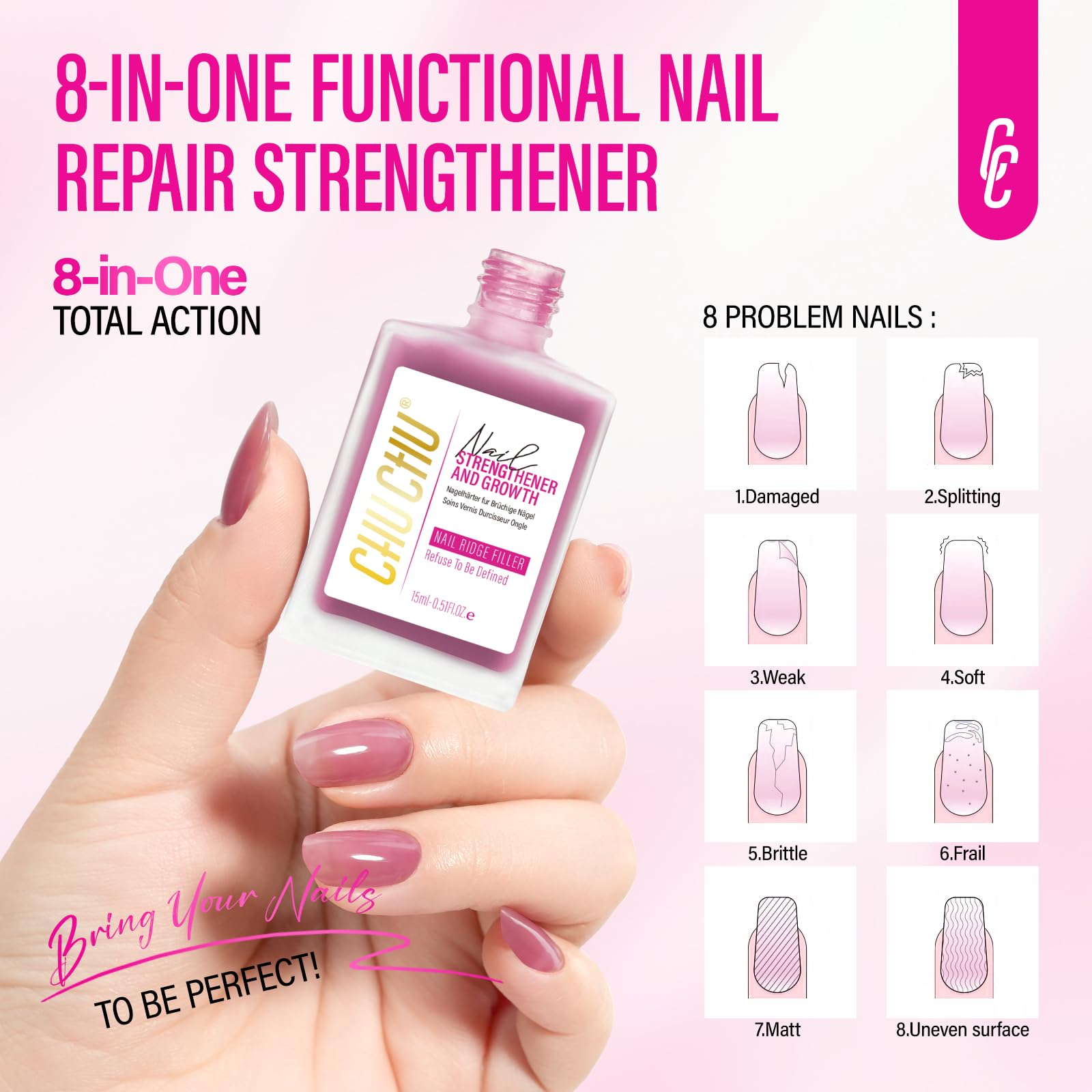 CHUCHU Nail Strengthener 8-in-1 Dusty Rose – 15ml