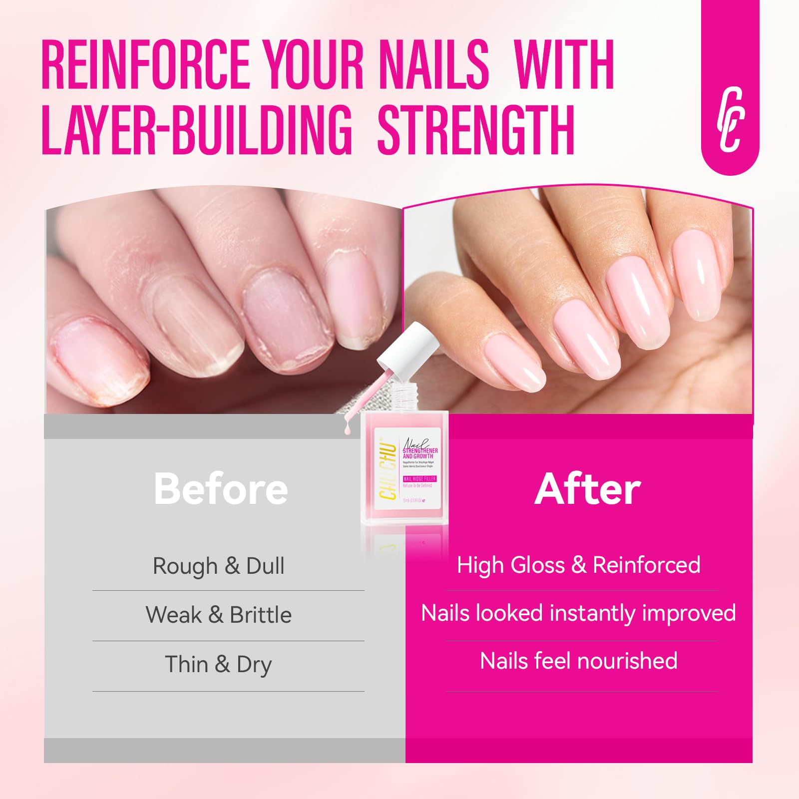CHUCHU Nail Strengthener 8-in-1 – Growth, Ridge Filler, Base & Top Coat (15ml)