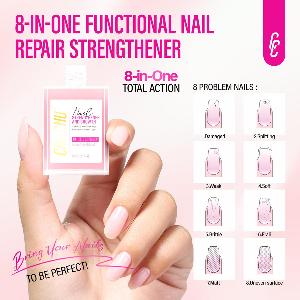 CHUCHU Nail Strengthener 8-in-1 – Growth, Ridge Filler, Base & Top Coat (15ml)