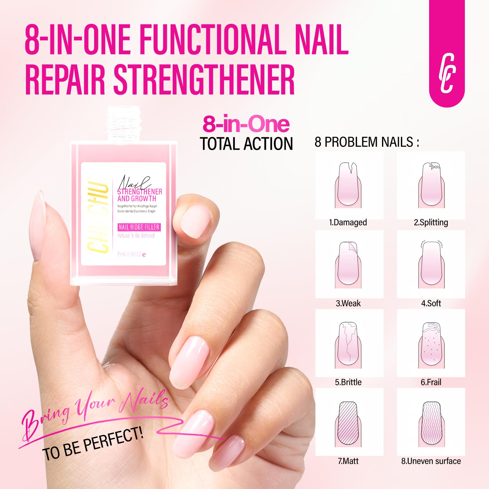 CHUCHU Nail Strengthener 8-in-1 – Growth, Ridge Filler, Base & Top Coat (15ml)
