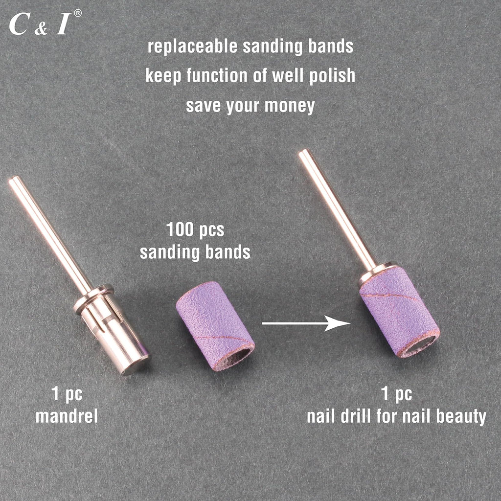 C & I Nail Sanding Bands 100 Pcs + Upgrade Mandrel – 8 Grits (Pink, #120 Coarse)