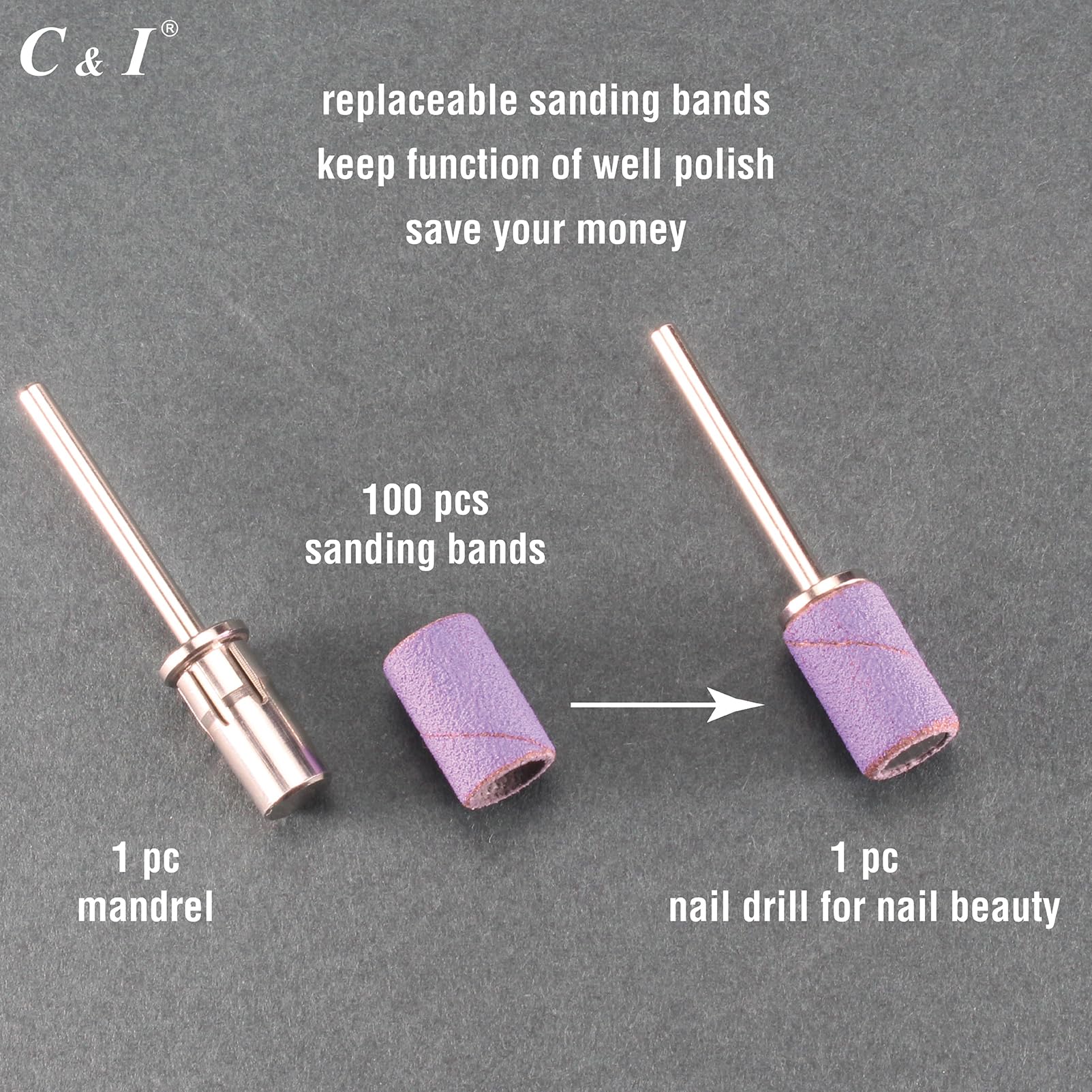 C & I Nail Sanding Bands 100 Pcs + Upgrade Mandrel – 8 Grits (Pink, #120 Coarse)