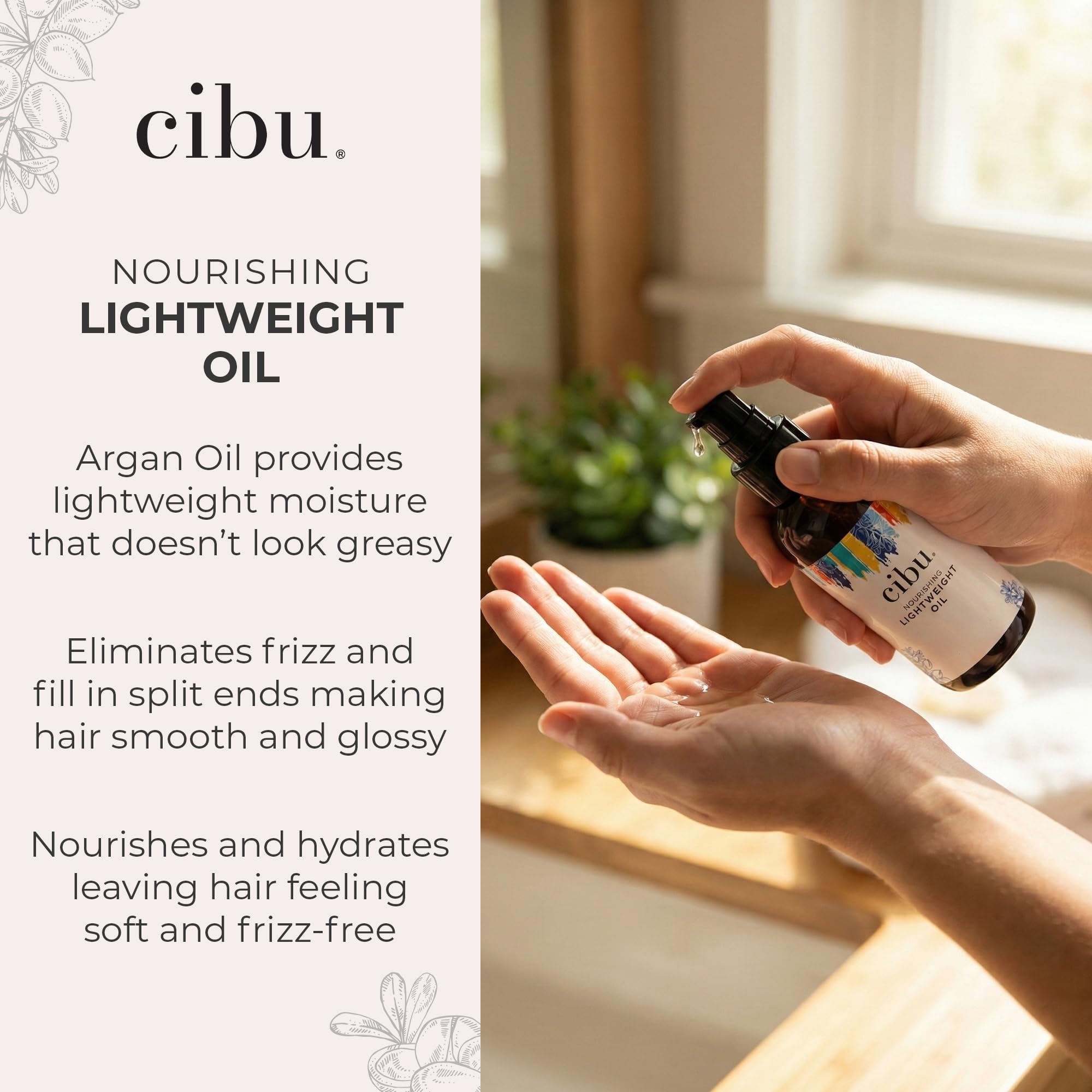 CIBU Nourishing Argan Oil Hair Serum | Anti-Frizz, Heat Protectant & Lightweight Treatment | 4 oz