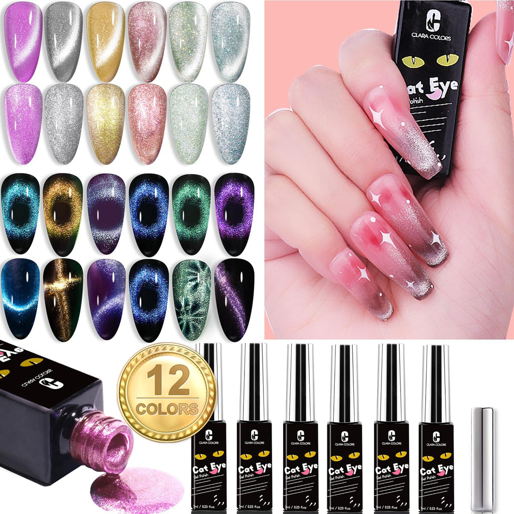 Clara Colors Cat Eye Gel Nail Polish Set – 12 Holographic Colors with Magnet | Galaxy Series