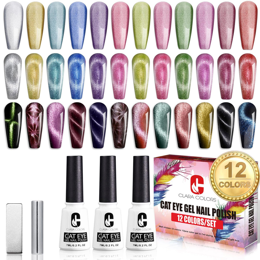 Clara Colors Cat Eye Gel Nail Polish Set – 12 Colors Magnetic Holographic Galaxy Series with 2 Magnets
