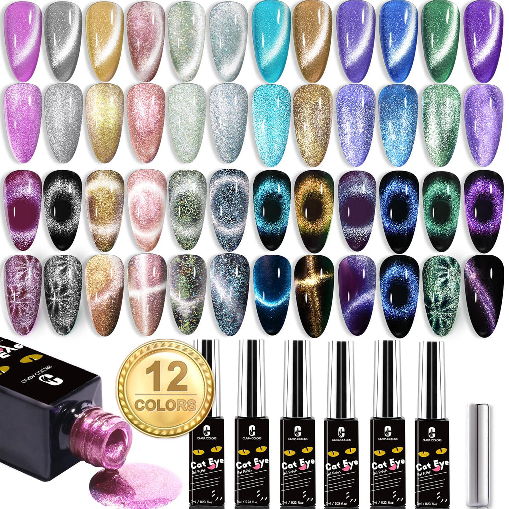Clara Colors Cat Eye Gel Nail Polish Set – 12 Holographic Colors with Magnet | Galaxy Series