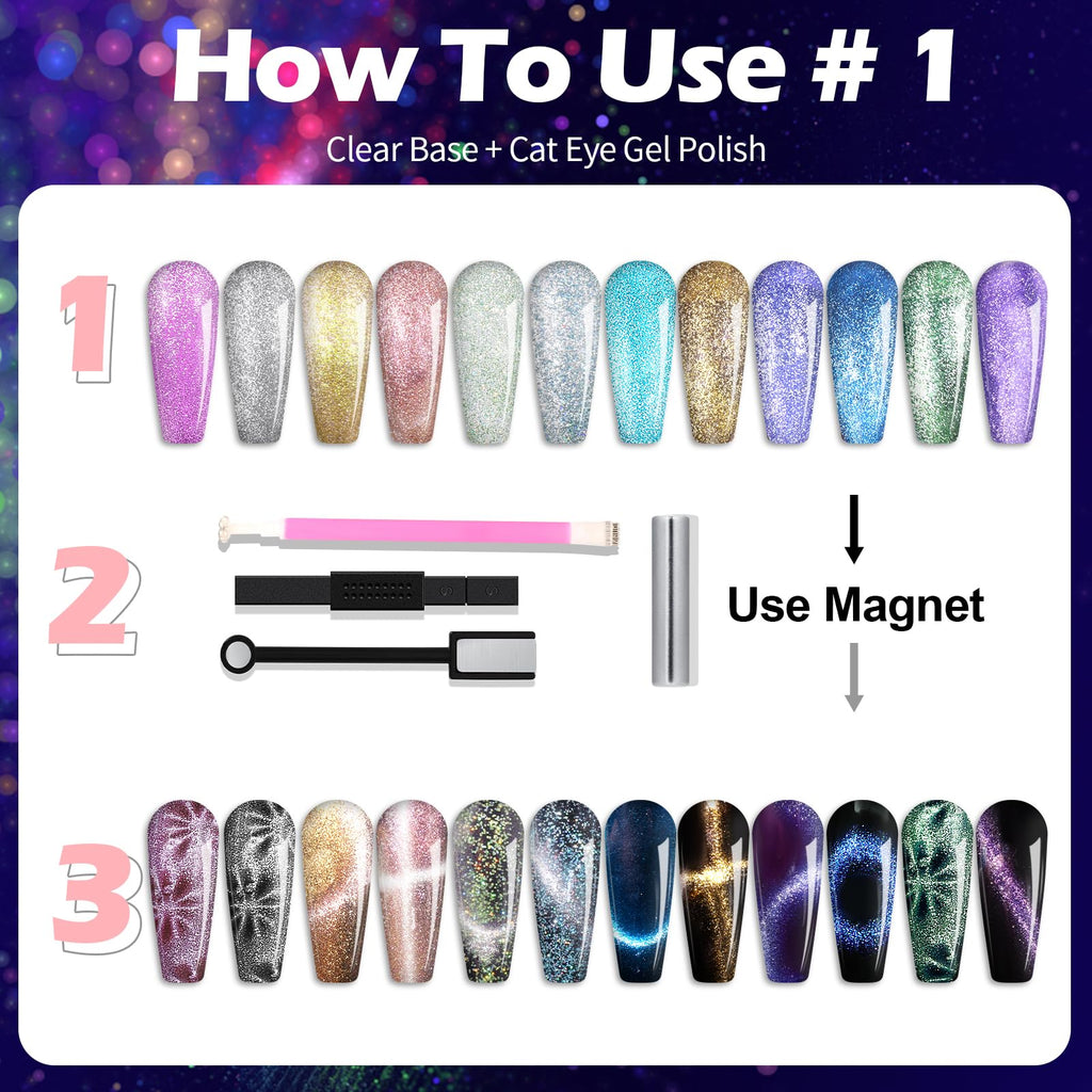 Clara Colors Cat Eye Gel Nail Polish Set – 12 Holographic Colors with Magnet | Galaxy Series
