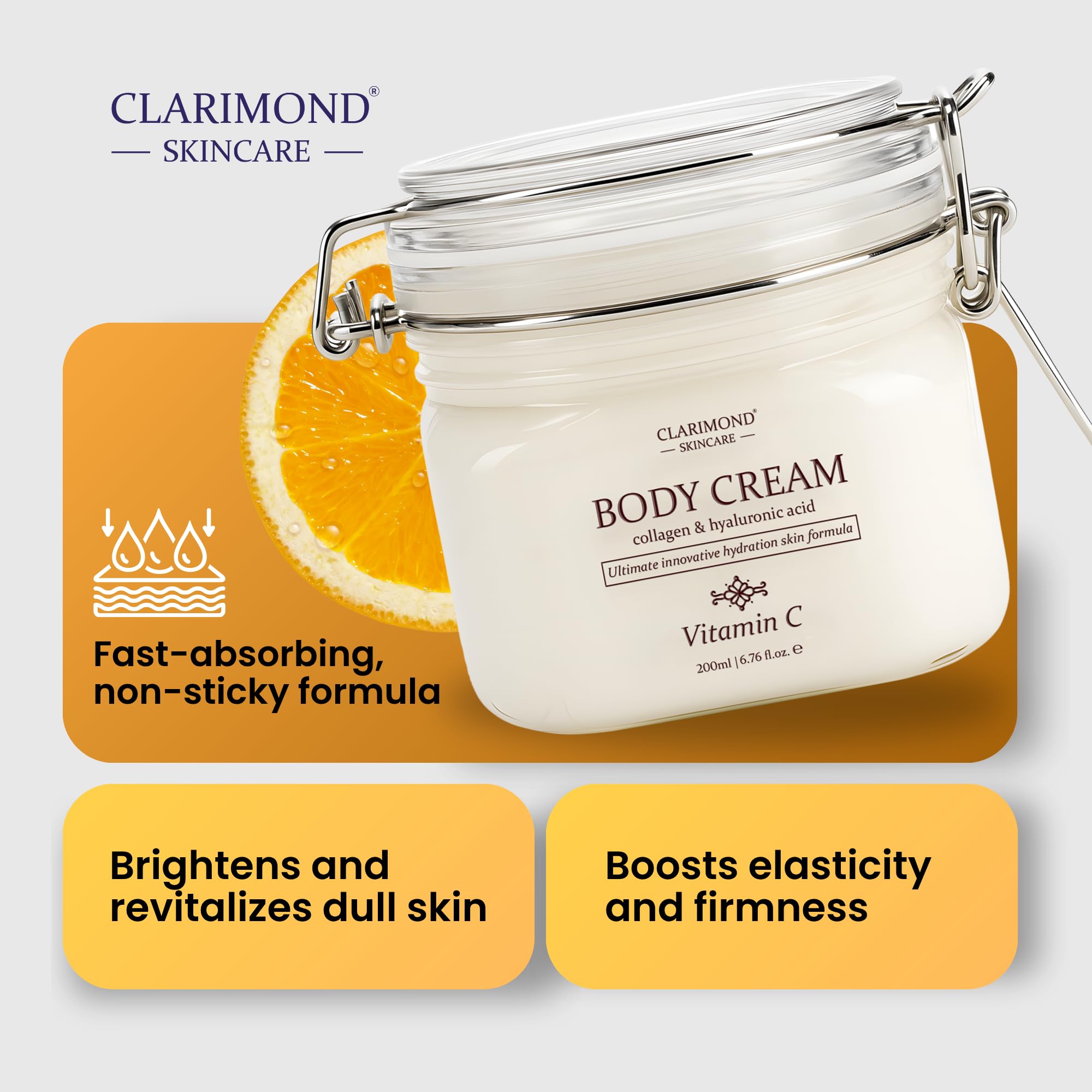 Clarimond Vitamin C Body Cream w/ Hyaluronic Acid & Collagen Peptides | Hydrating, Non-Greasy