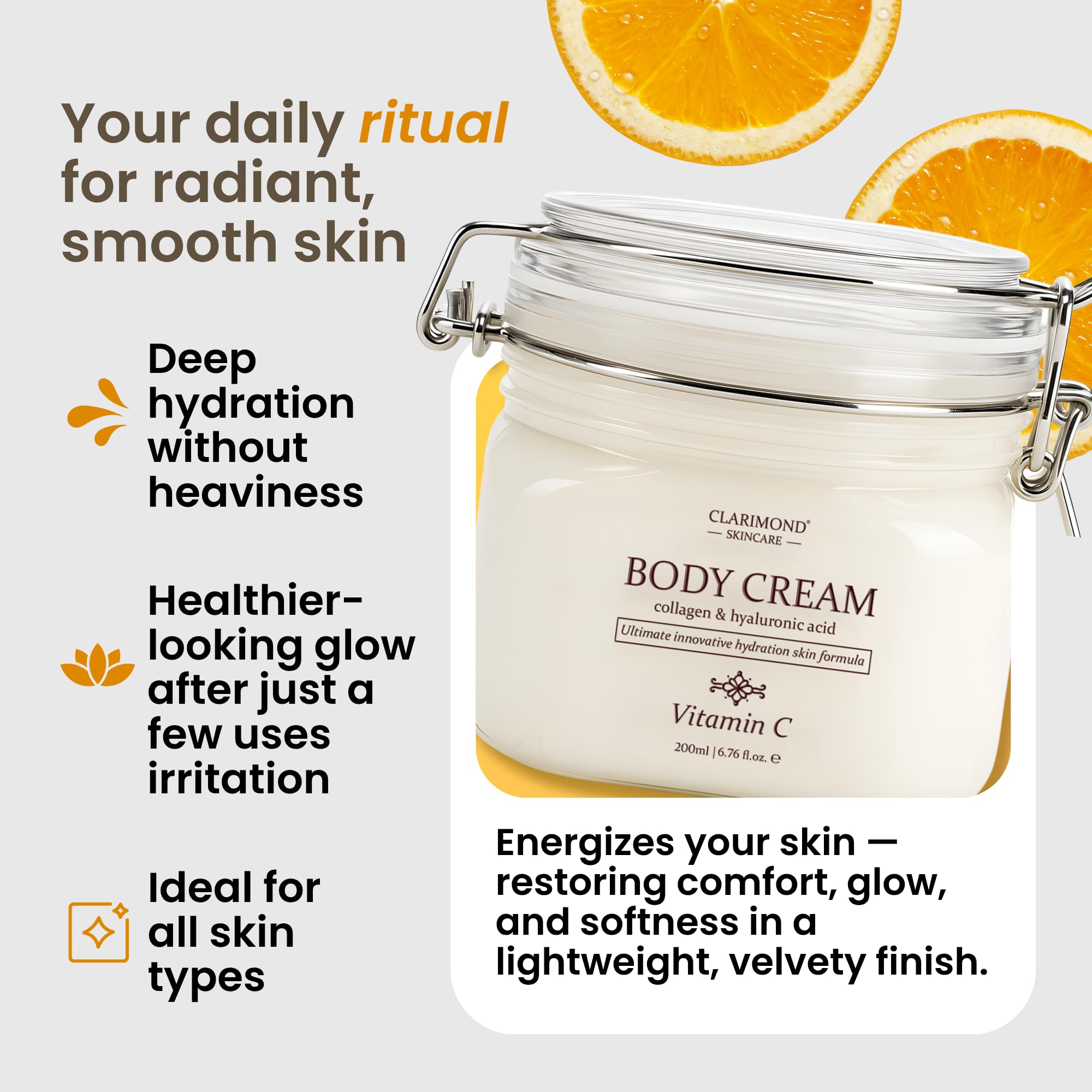 Clarimond Vitamin C Body Cream w/ Hyaluronic Acid & Collagen Peptides | Hydrating, Non-Greasy