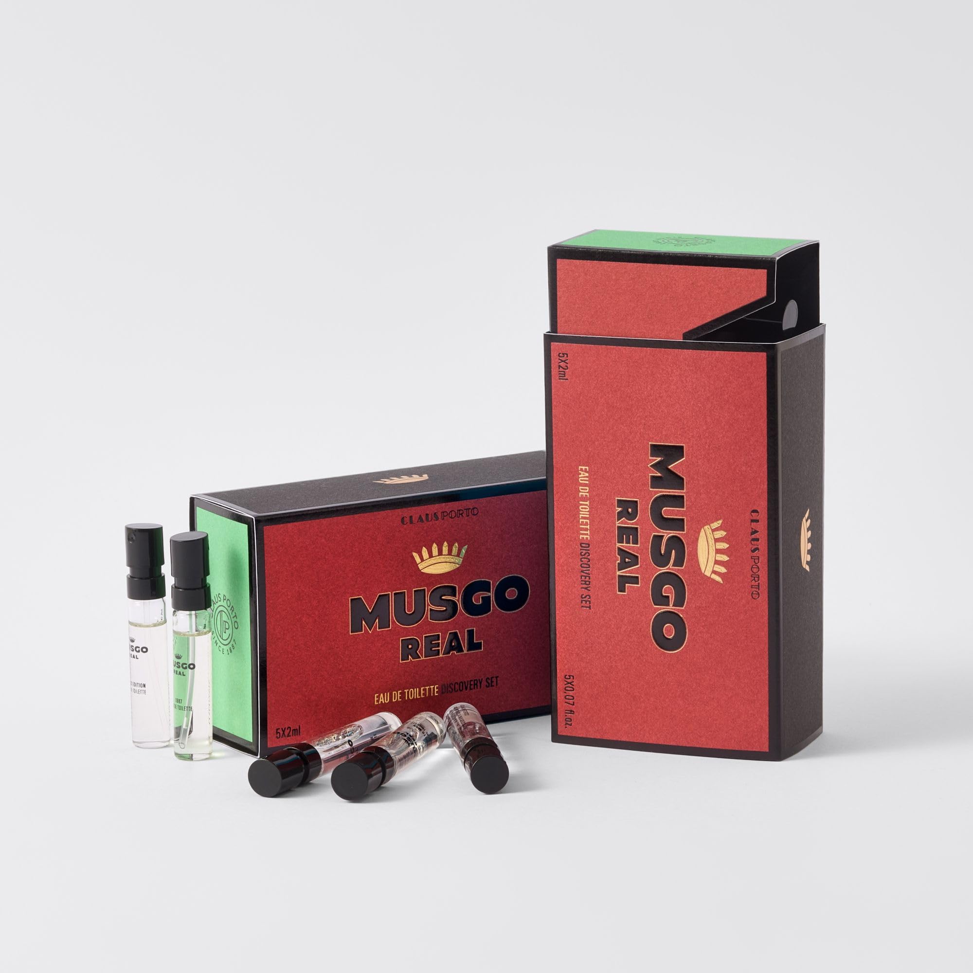 Claus Porto Musgo Real Discovery Set — 5 Fragrances (2ml each): Alto Mar, Puro Sangue, 1887, Classico 22, Black Edition