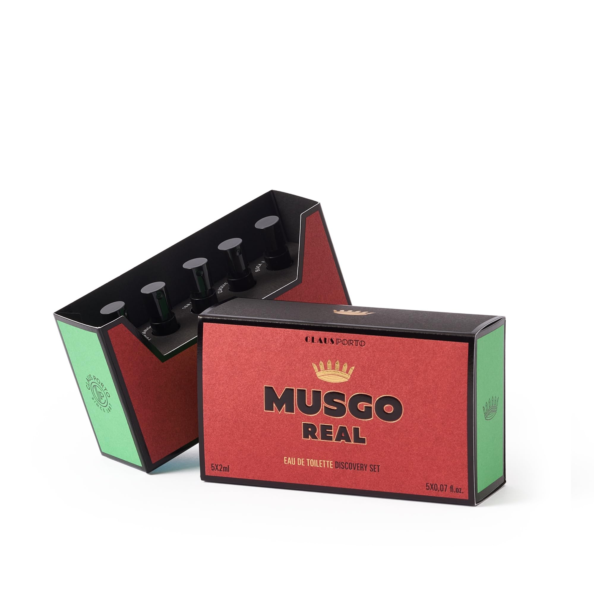 Claus Porto Musgo Real Discovery Set — 5 Fragrances (2ml each): Alto Mar, Puro Sangue, 1887, Classico 22, Black Edition
