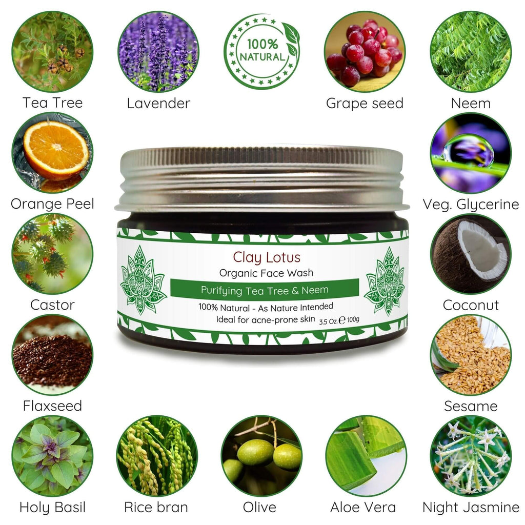 Clay Lotus Organic Face Wash for Acne-Prone, Oily Skin | Tea Tree & Neem | Vegan