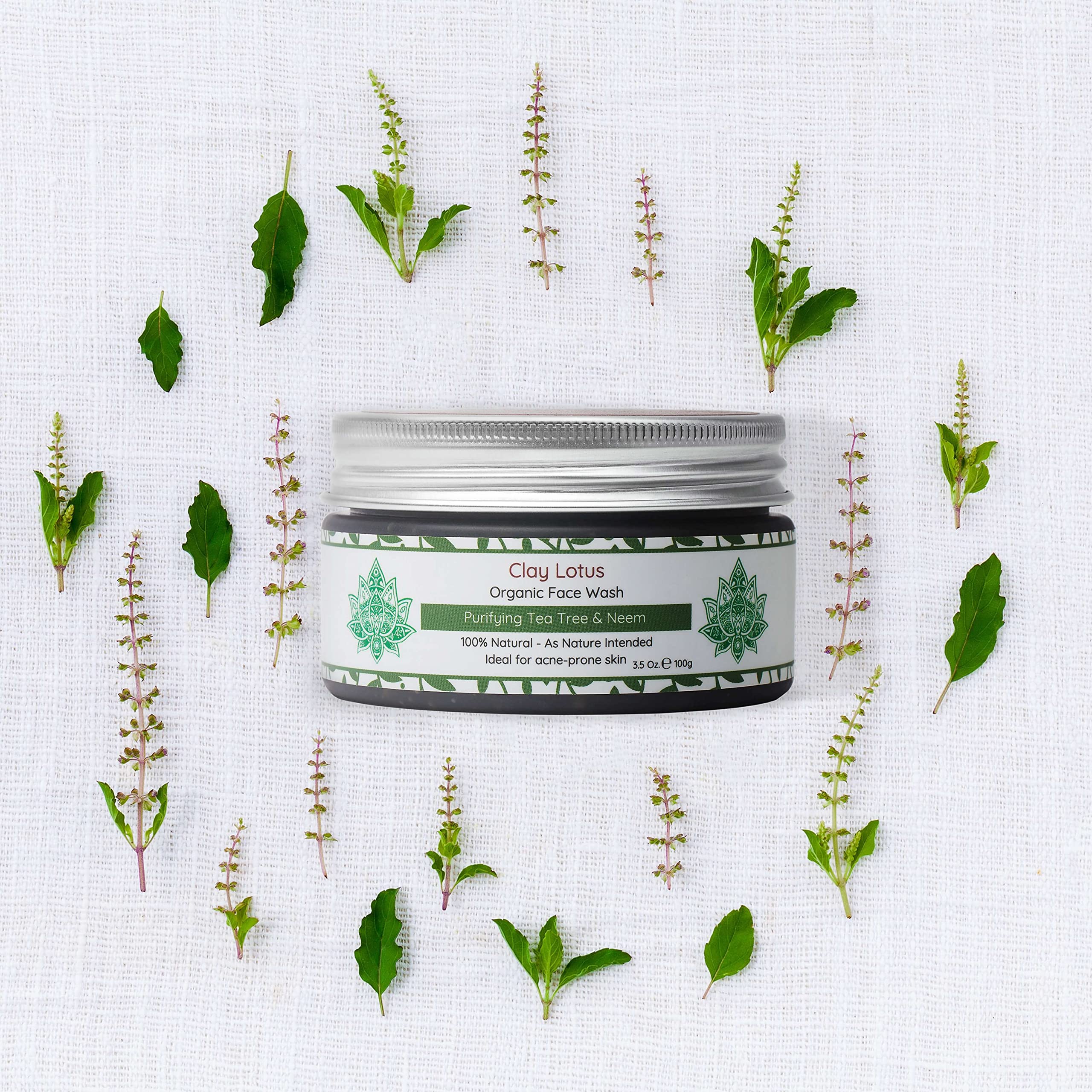 Clay Lotus Organic Face Wash for Acne-Prone, Oily Skin | Tea Tree & Neem | Vegan