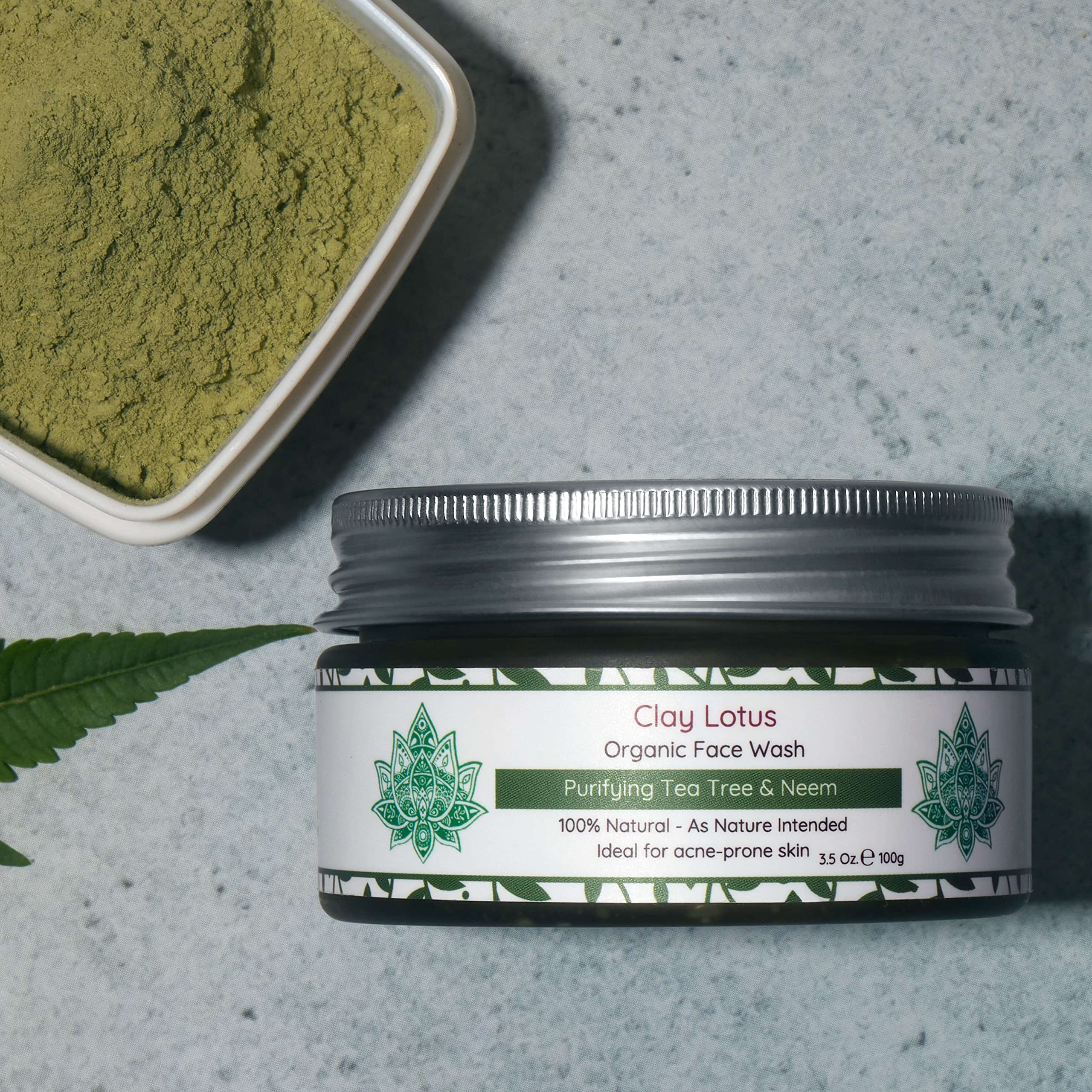 Clay Lotus Organic Face Wash for Acne-Prone, Oily Skin | Tea Tree & Neem | Vegan