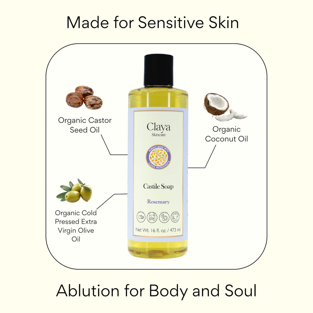 Claya Liquid Castile Soap – Organic Oils, Palm-Free, Unscented (16 oz)
