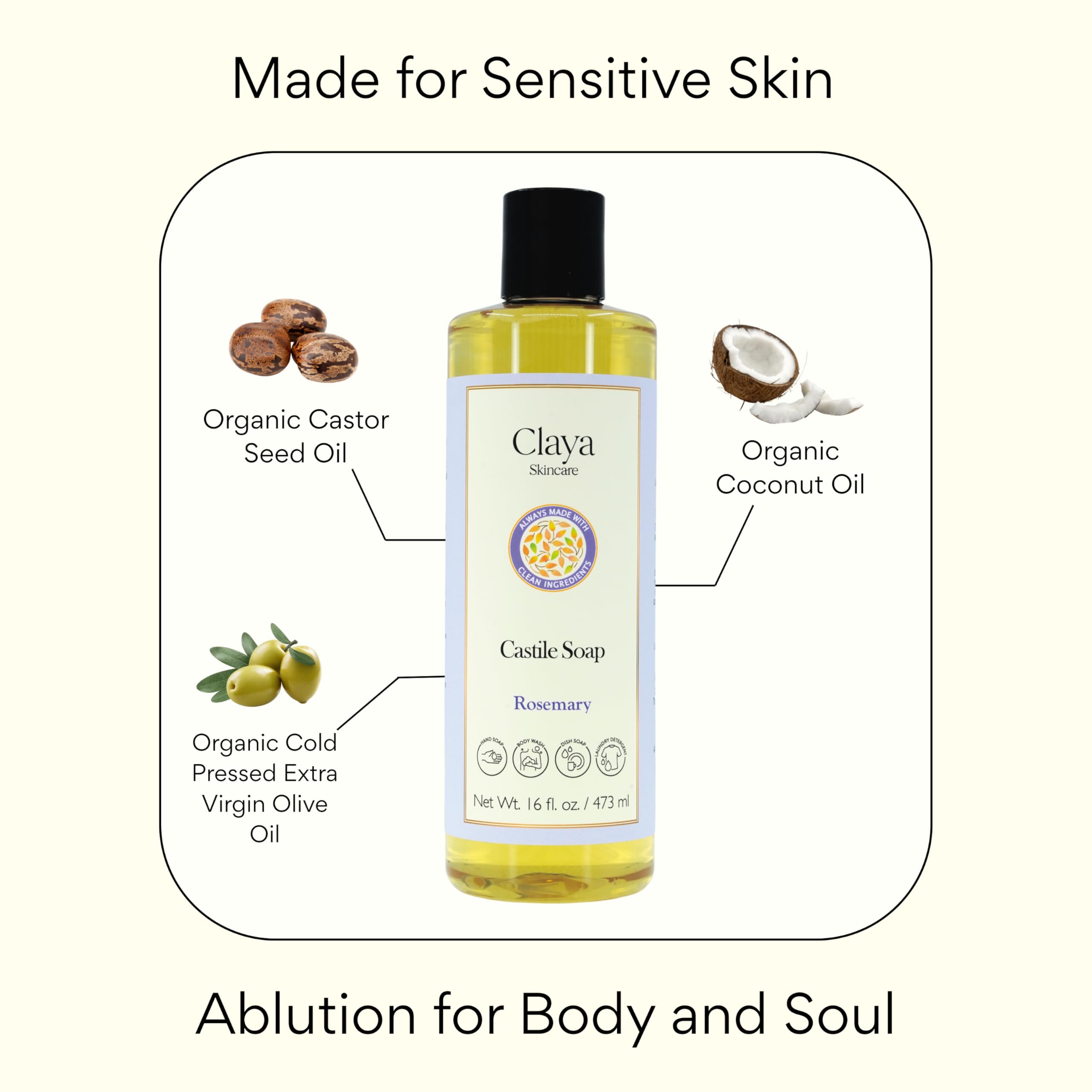 Claya Liquid Castile Soap – Organic Oils, Palm-Free, Unscented (16 oz)