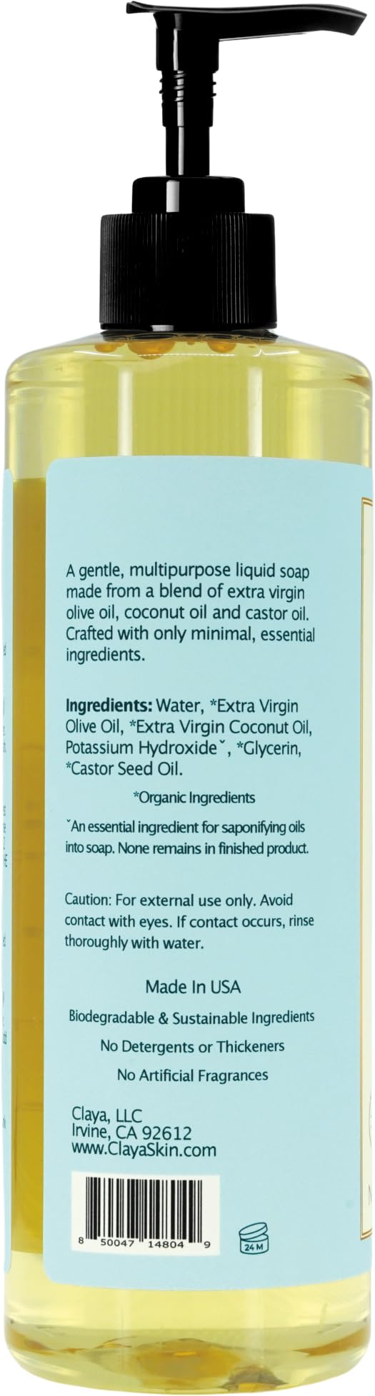 Claya Liquid Castile Soap – Organic Oils, Palm-Free, Unscented (16 oz)
