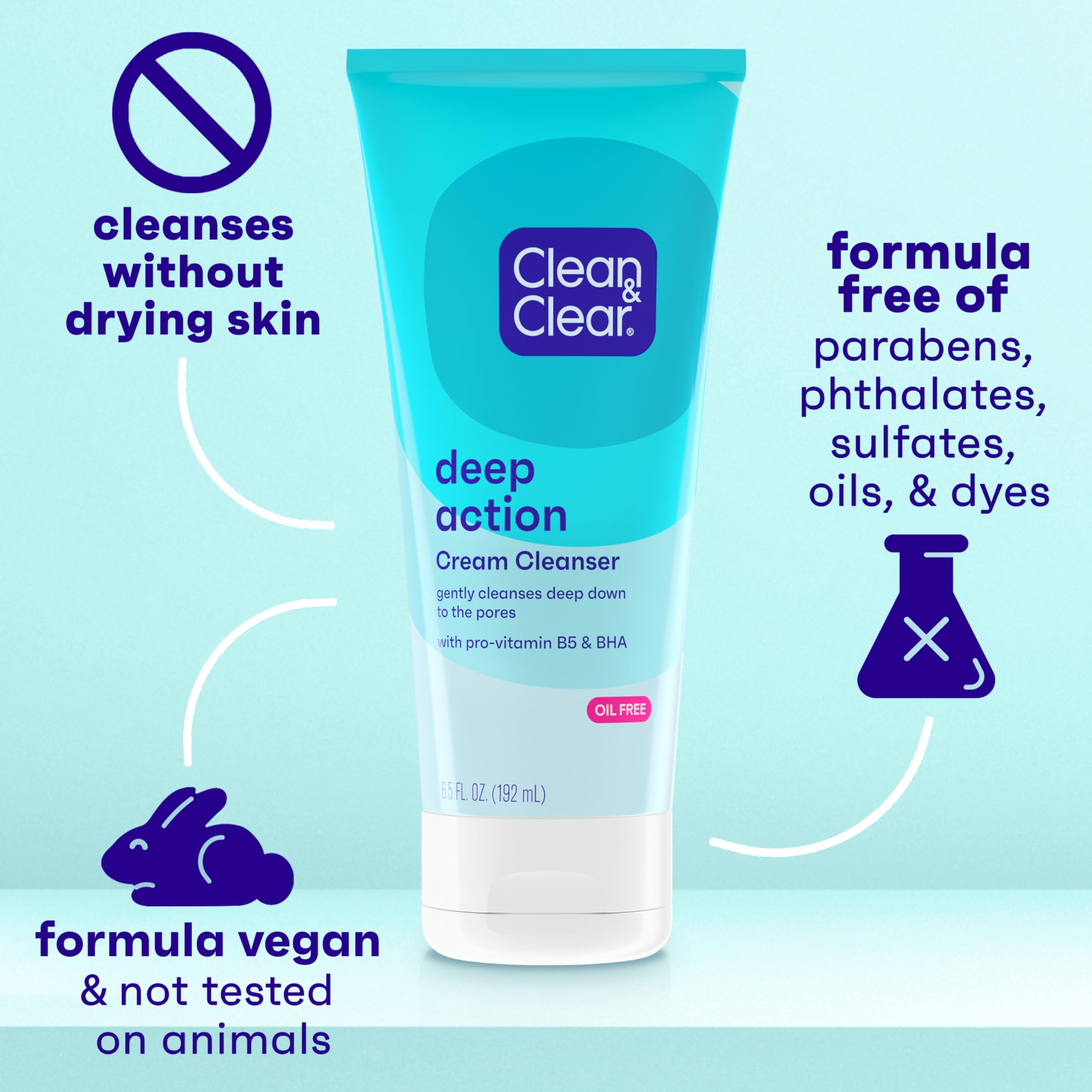 Clean & Clear Oil-Free Deep Action Cream Facial Cleanser – 6.5 oz (Pack of 2) for Acne-Prone Skin