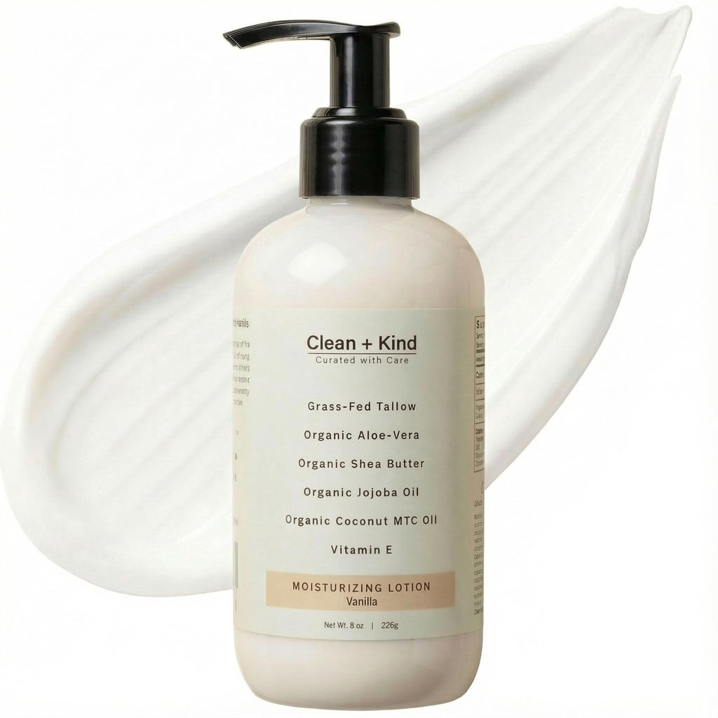 Clean + Kind Daily Moisturizing Lotion – Tallow Body Lotion with Aloe, Shea, Jojoba, MCT Oil & Vitamin E (8 oz, Vanilla)