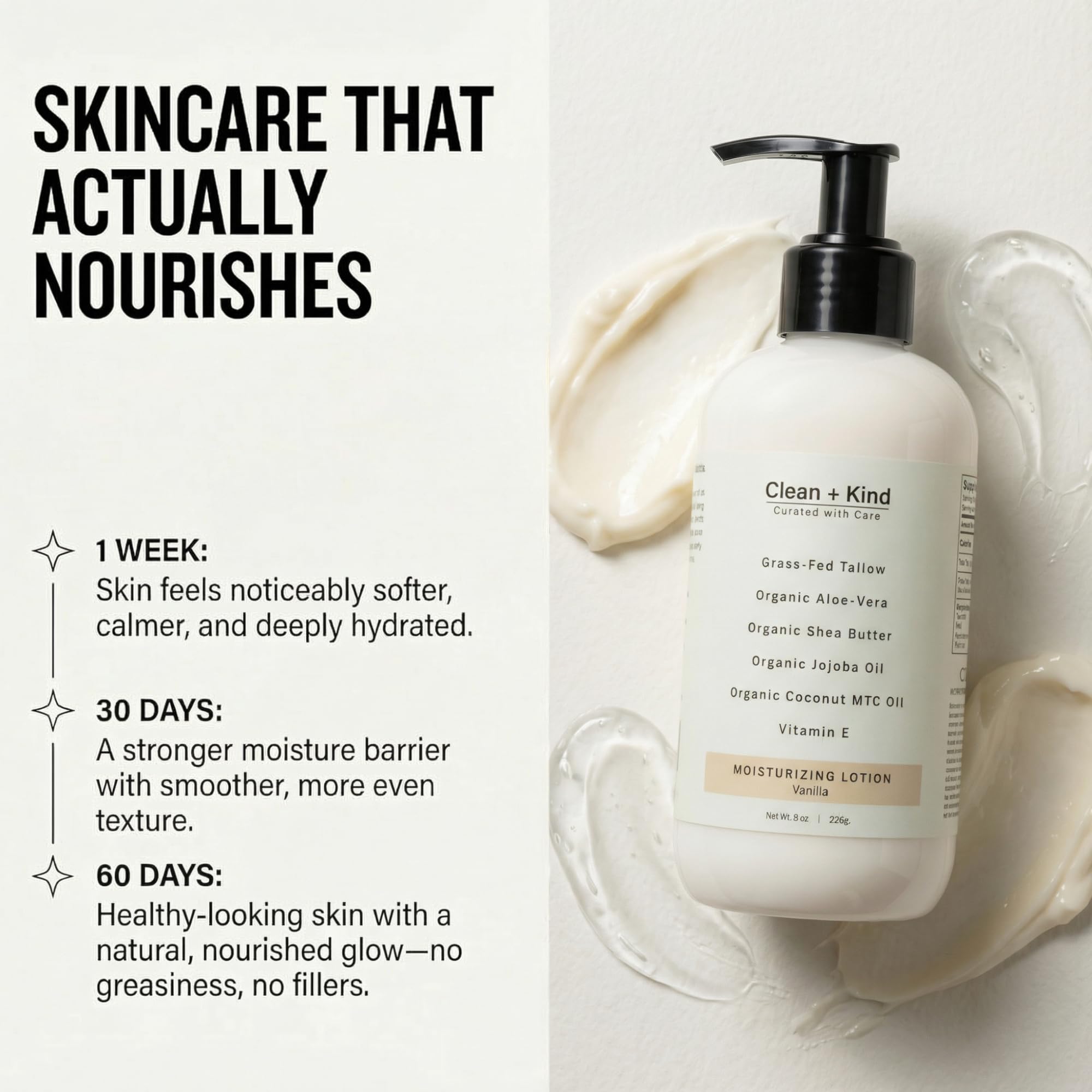 Clean + Kind Daily Moisturizing Lotion – Tallow Body Lotion with Aloe, Shea, Jojoba, MCT Oil & Vitamin E (8 oz, Vanilla)