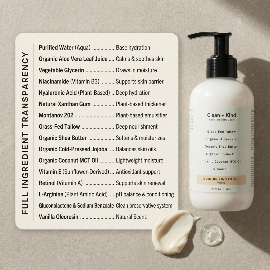 Clean + Kind Daily Moisturizing Lotion – Tallow Body Lotion with Aloe, Shea, Jojoba, MCT Oil & Vitamin E (8 oz, Vanilla)