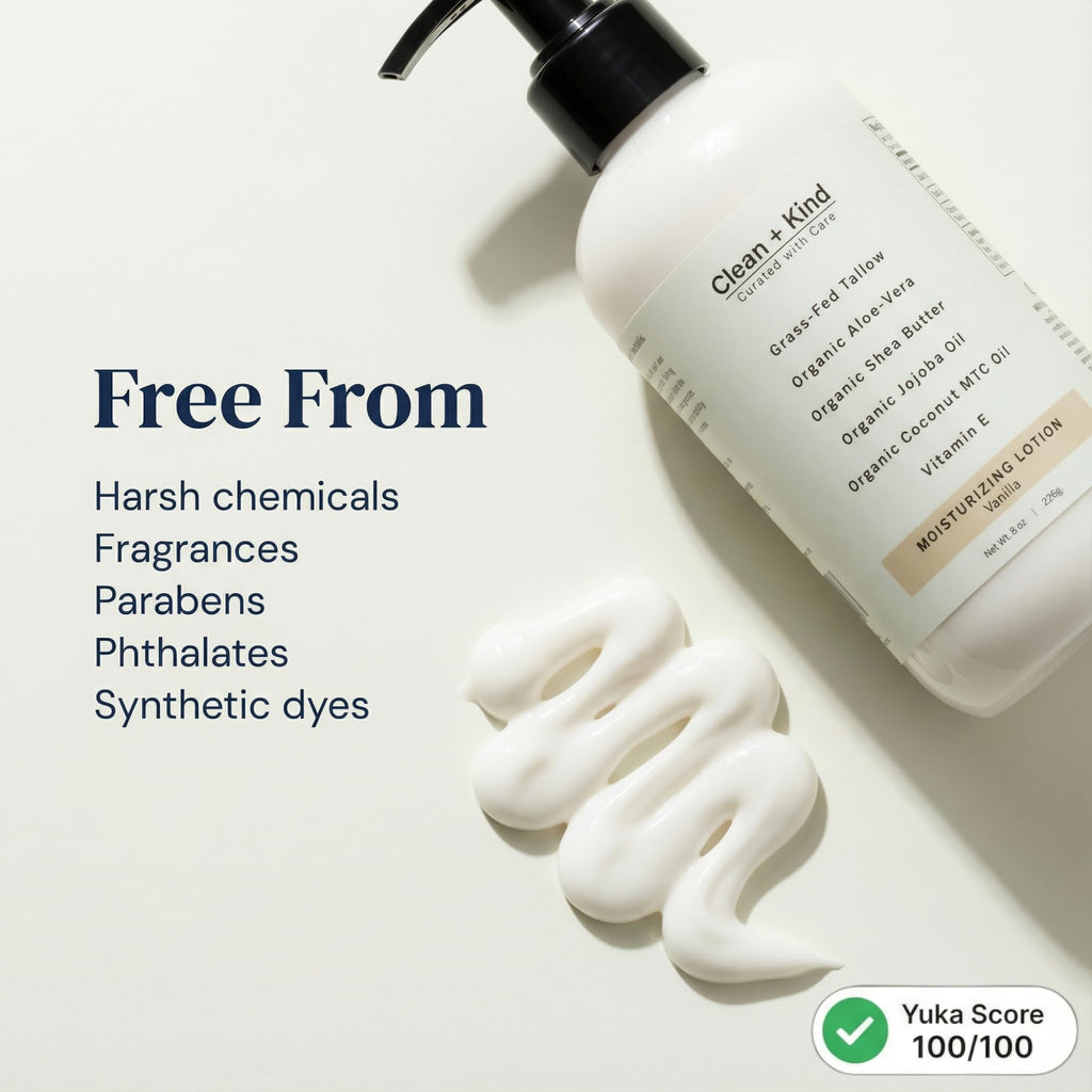 Clean + Kind Daily Moisturizing Lotion – Tallow Body Lotion with Aloe, Shea, Jojoba, MCT Oil & Vitamin E (8 oz, Vanilla)