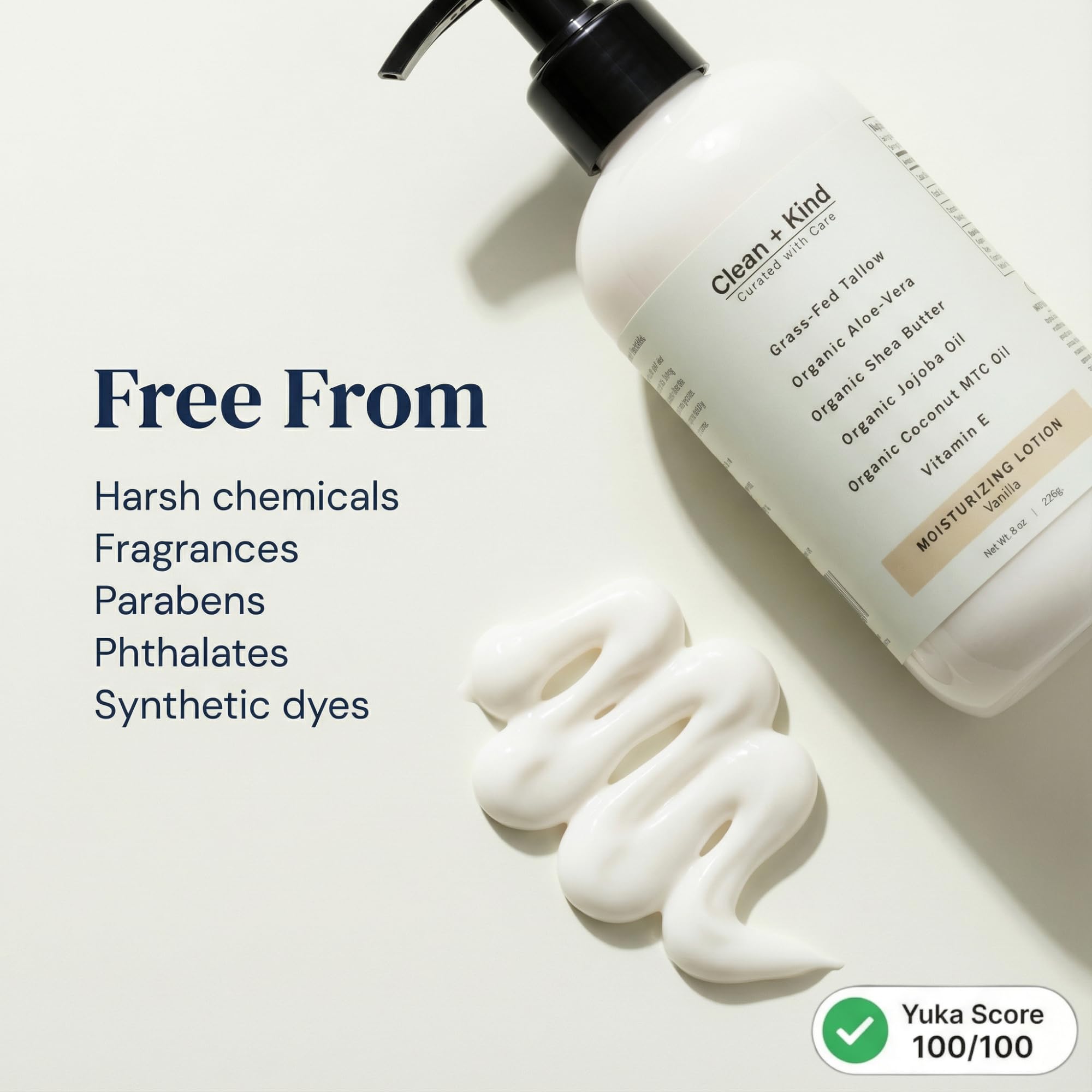Clean + Kind Daily Moisturizing Lotion – Tallow Body Lotion with Aloe, Shea, Jojoba, MCT Oil & Vitamin E (8 oz, Vanilla)