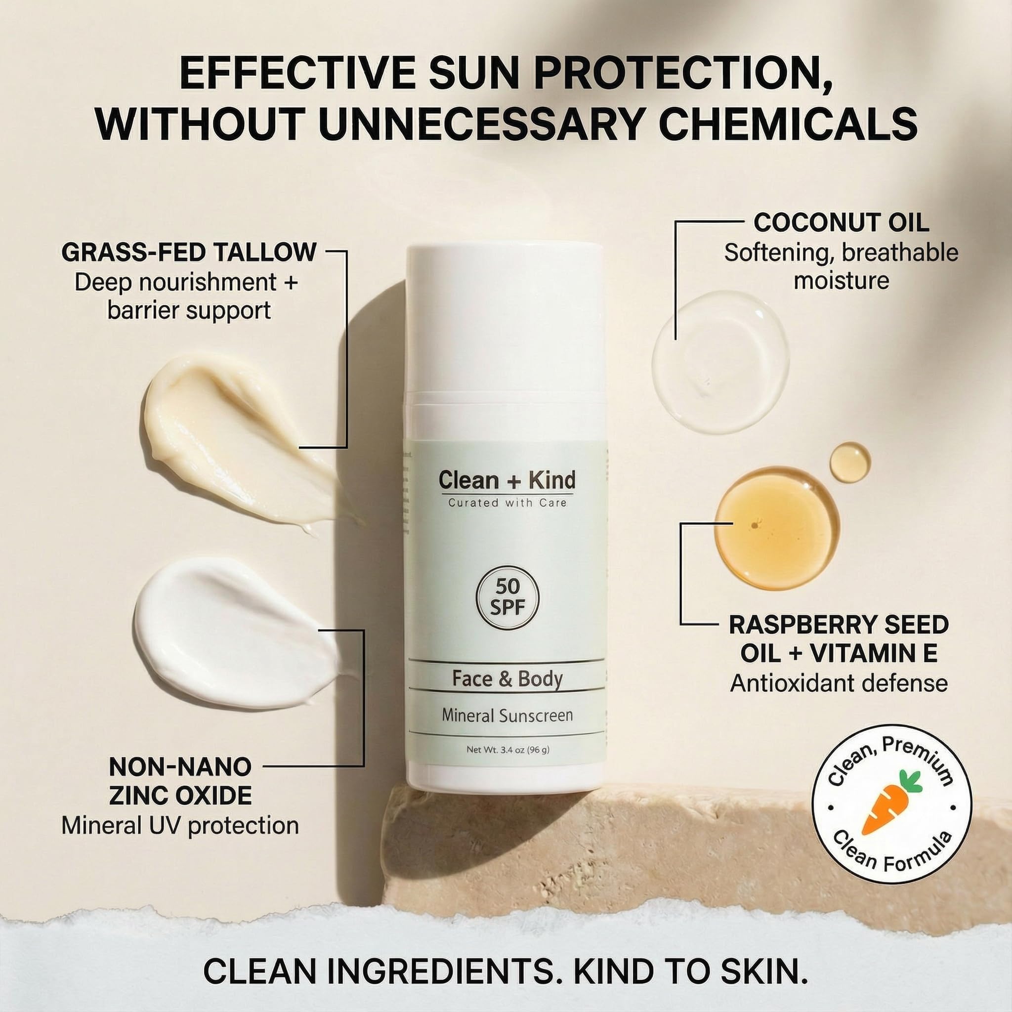 Clean + Kind Tallow Sunscreen SPF 50 – Mineral Zinc Oxide (3.4 oz)