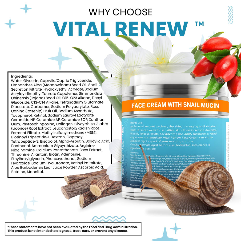 Vital Renew Snail Mucin Collagen Cream by Clean Nutraceuticals – Daily Moisturizer with Retinol, Niacinamide & Hyaluronic Acid