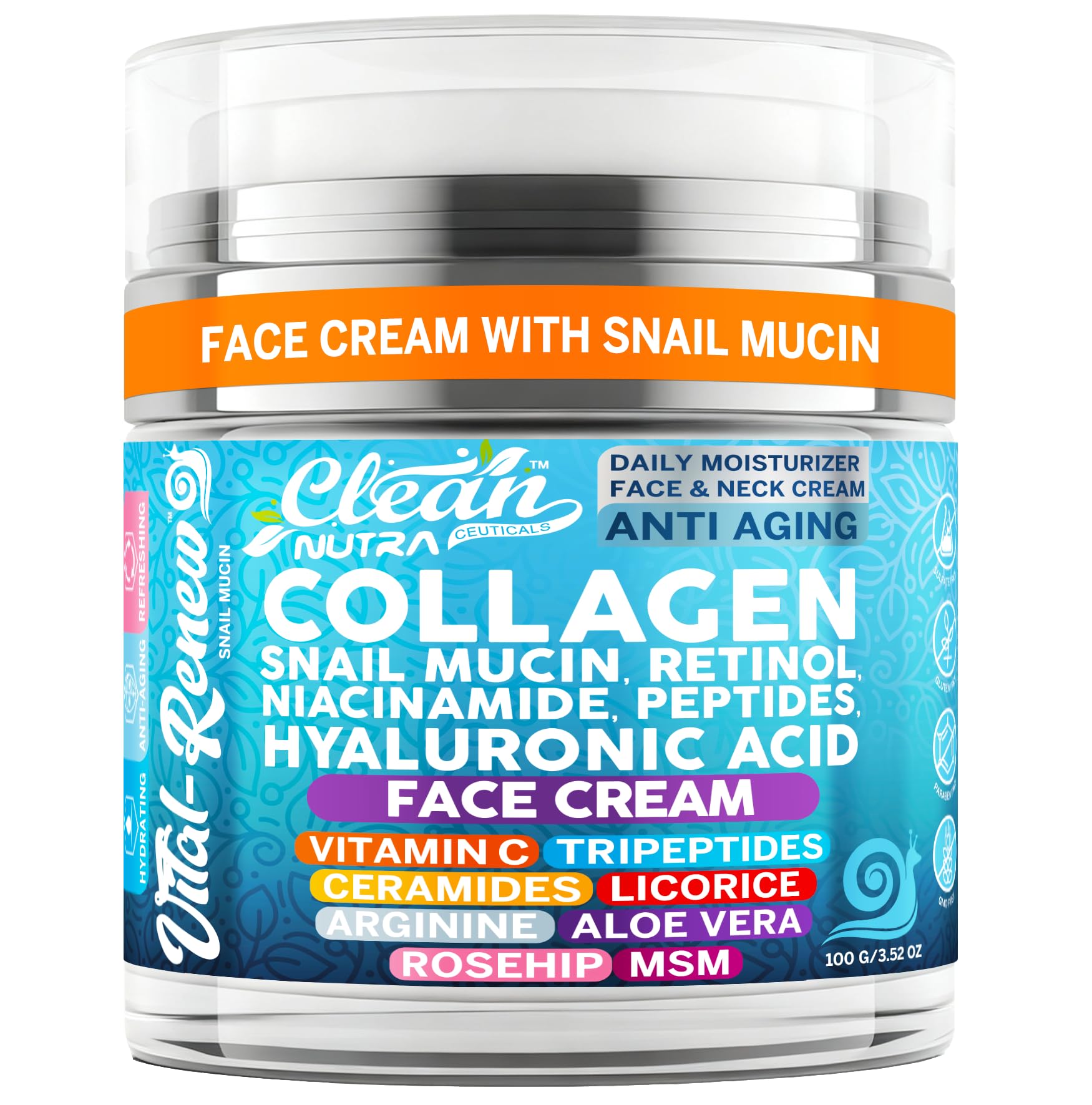 Vital Renew Snail Mucin Collagen Cream by Clean Nutraceuticals – Daily Moisturizer with Retinol, Niacinamide & Hyaluronic Acid