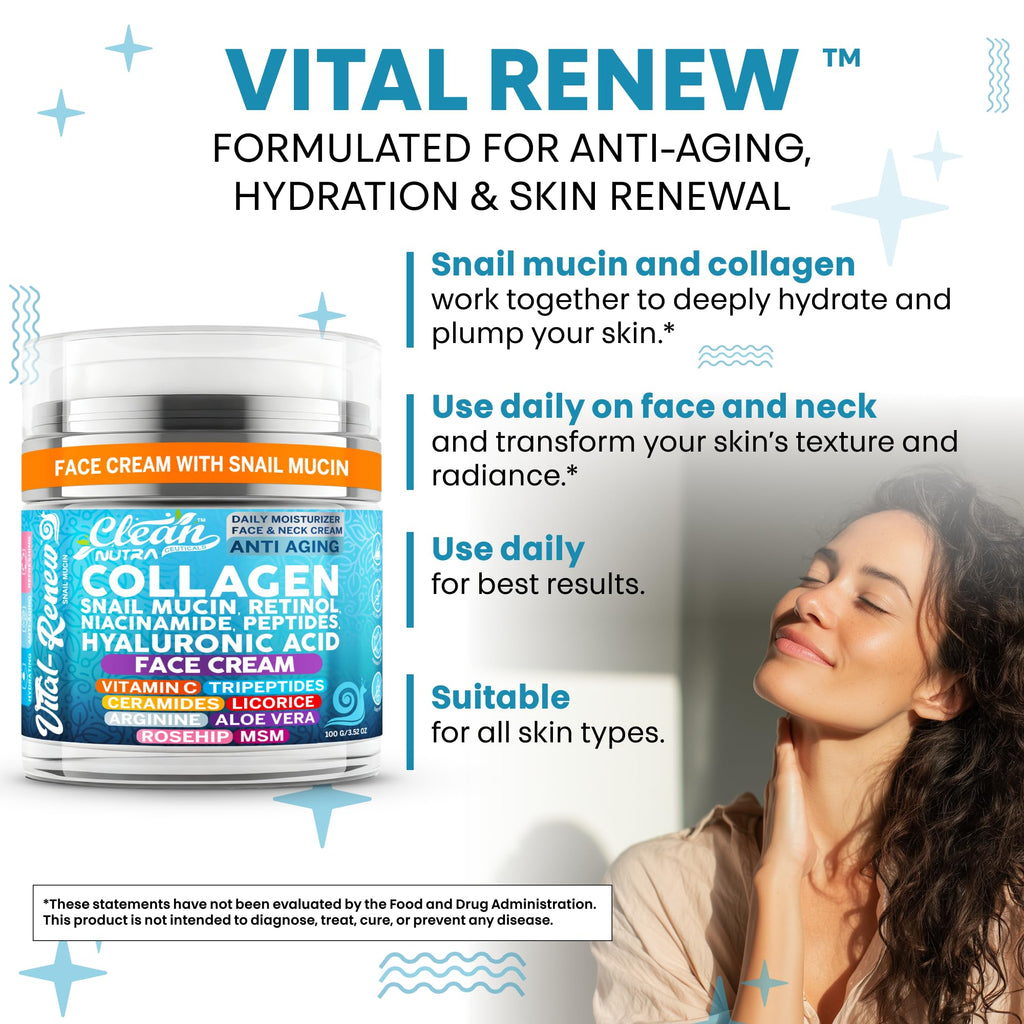 Vital Renew Snail Mucin Collagen Cream by Clean Nutraceuticals – Daily Moisturizer with Retinol, Niacinamide & Hyaluronic Acid