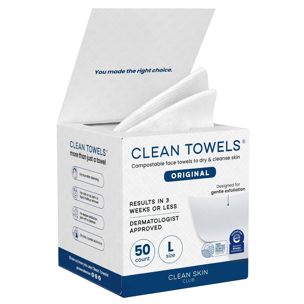 Clean Skin Club Clean Towels Large – 50 Disposable Face Towels, 100% USDA Biobased, Eczema Association Accepted