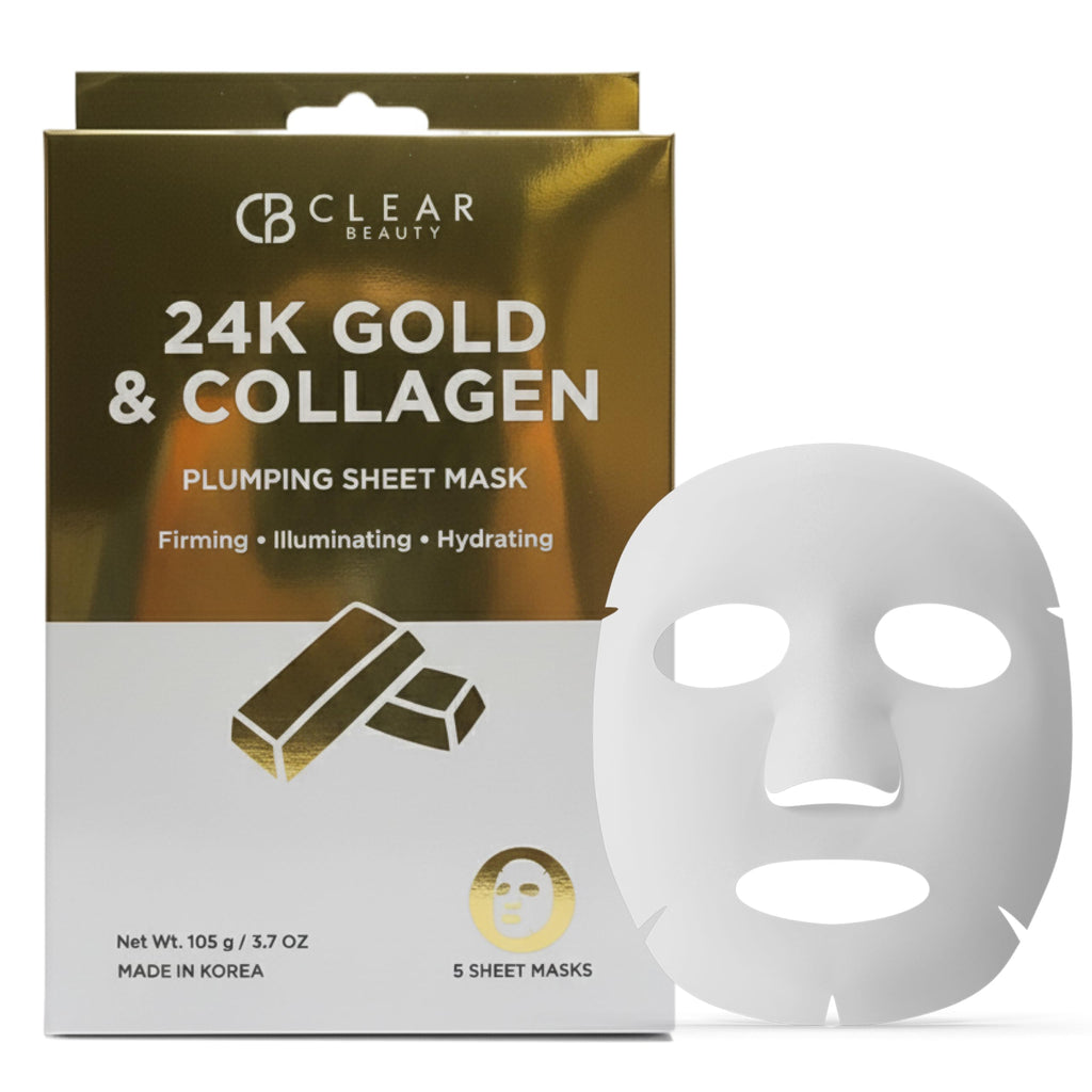 Clear Beauty 24K Gold & Collagen Face Mask – Firming & Hydrating Sheet Masks | Korean Vegan Clean Beauty – 5 Count