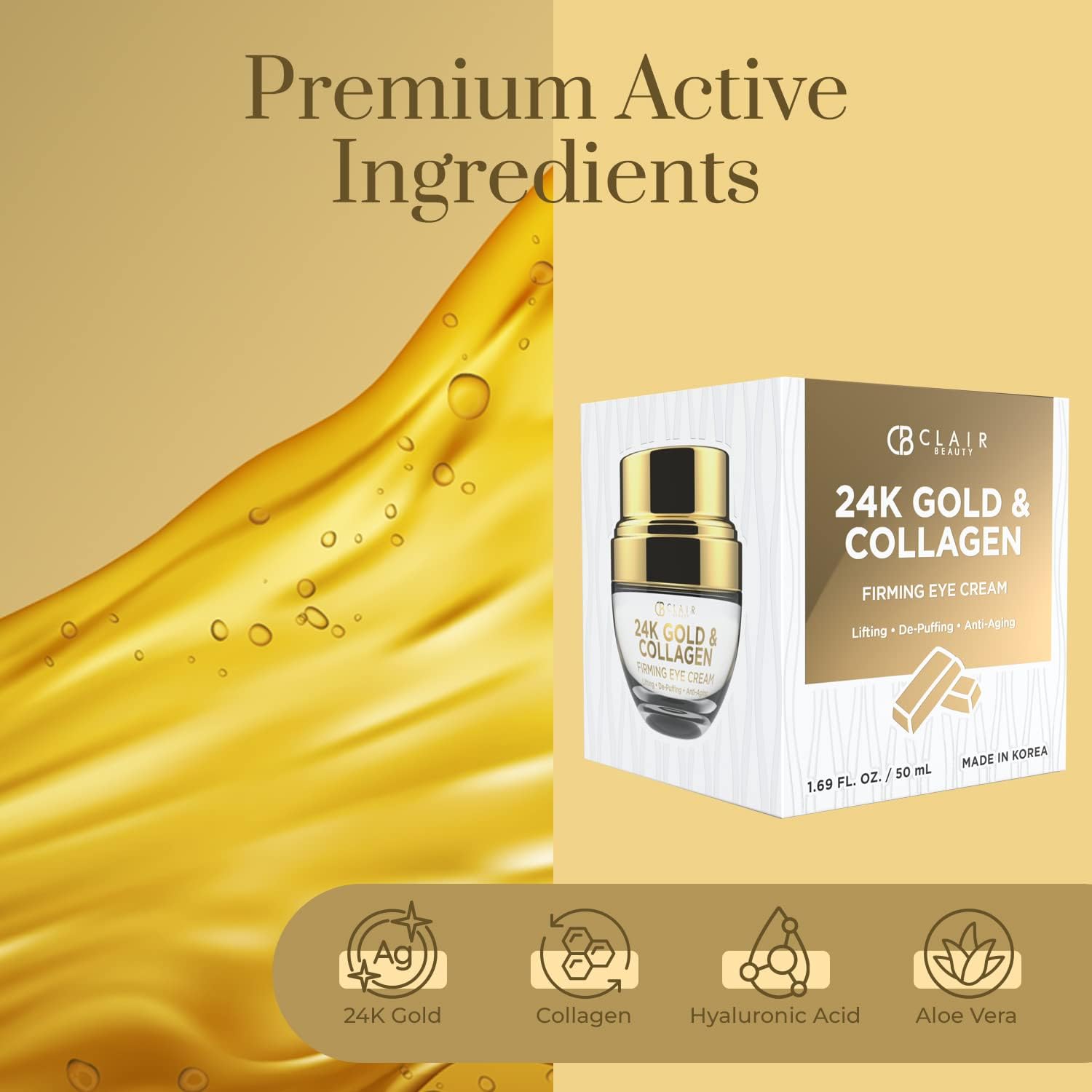 Clear Beauty 24k Gold & Collagen Under Eye Cream – Hydrating, Firming & Anti-Aging | Dermatologist Tested, Clean Beauty
