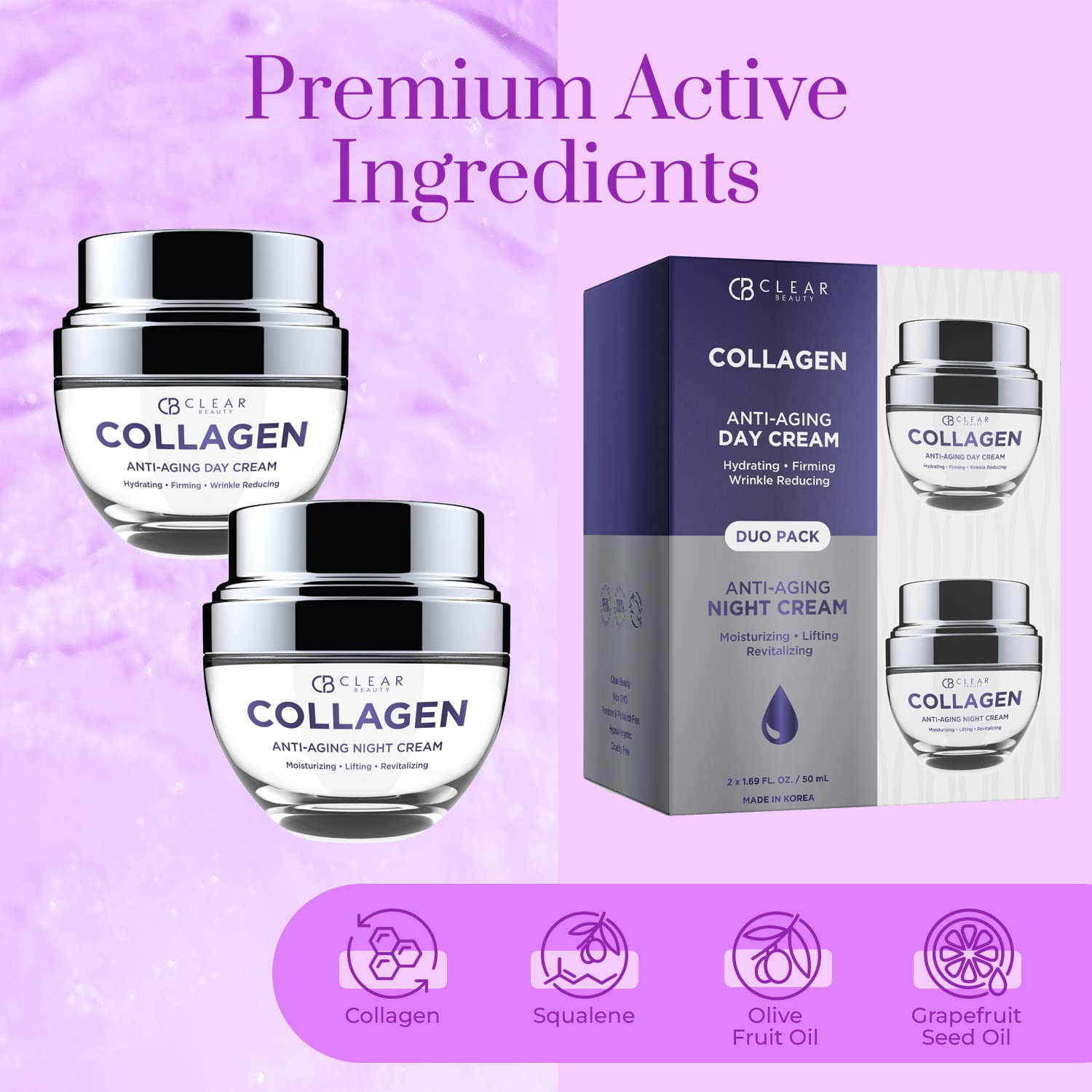 Clear Beauty Collagen Day & Night Moisturizer Duo Pack – Hydration & Elasticity
