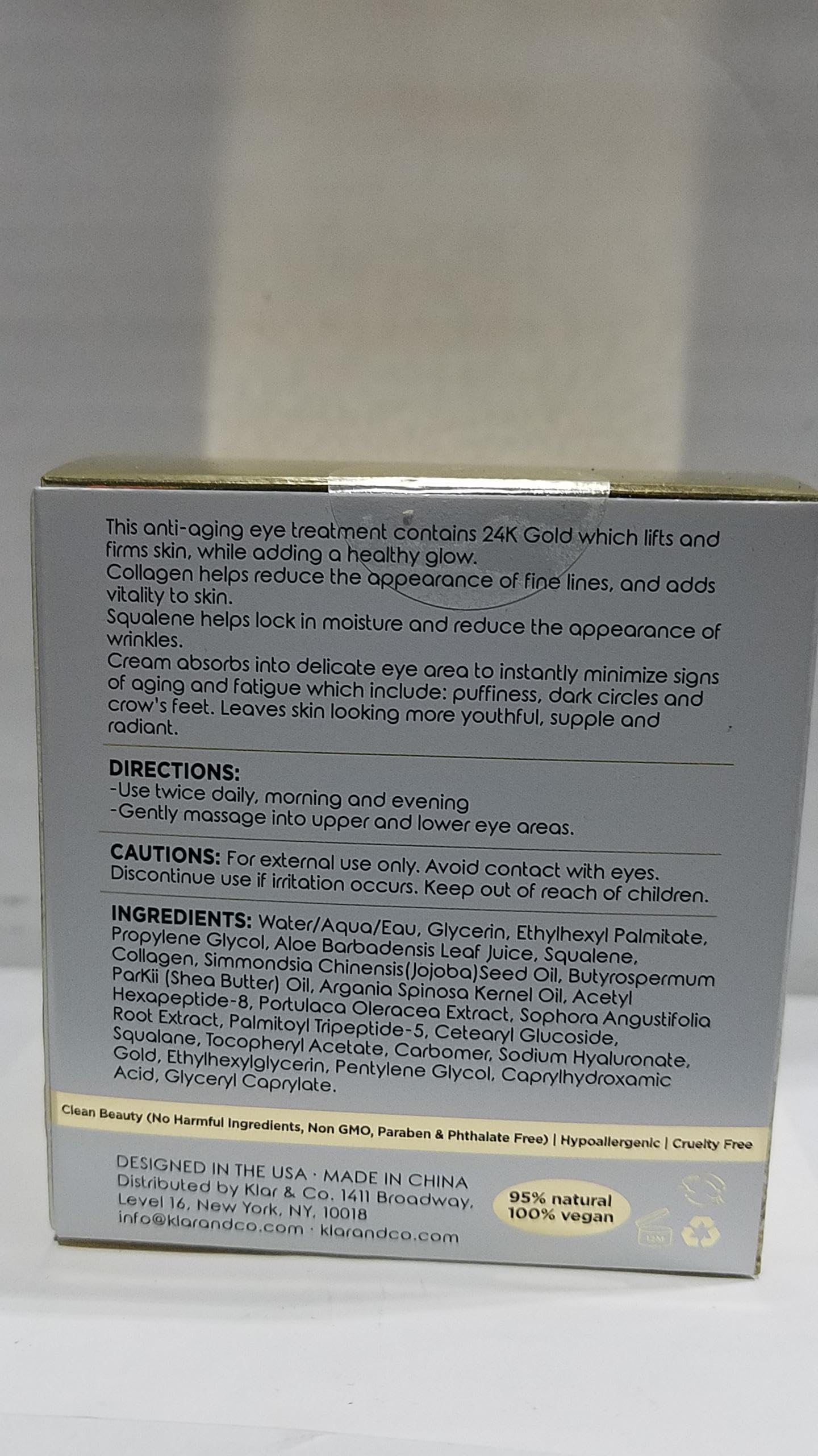 Clear Beauty 24k Gold & Collagen Under Eye Cream – Hydrating, Firming & Anti-Aging | Dermatologist Tested, Clean Beauty