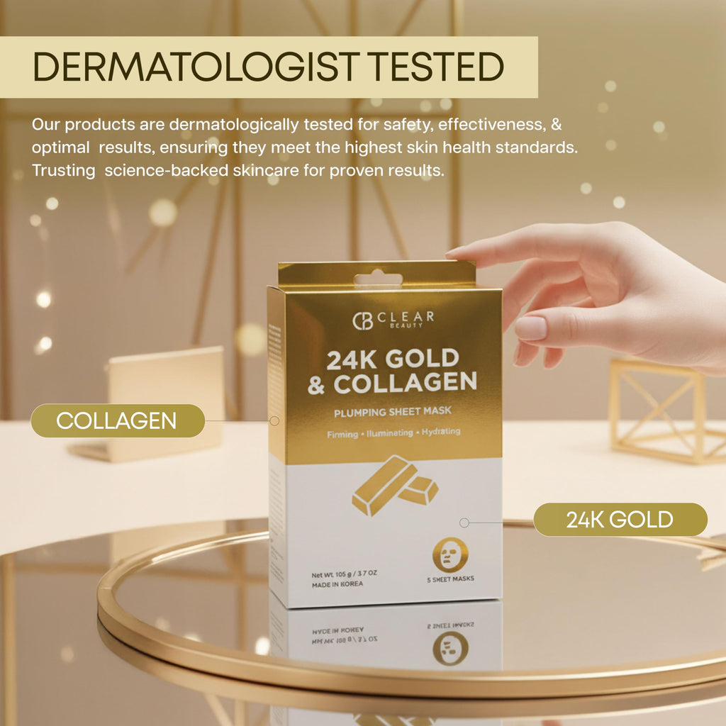 Clear Beauty 24K Gold & Collagen Face Mask – Firming & Hydrating Sheet Masks | Korean Vegan Clean Beauty – 5 Count