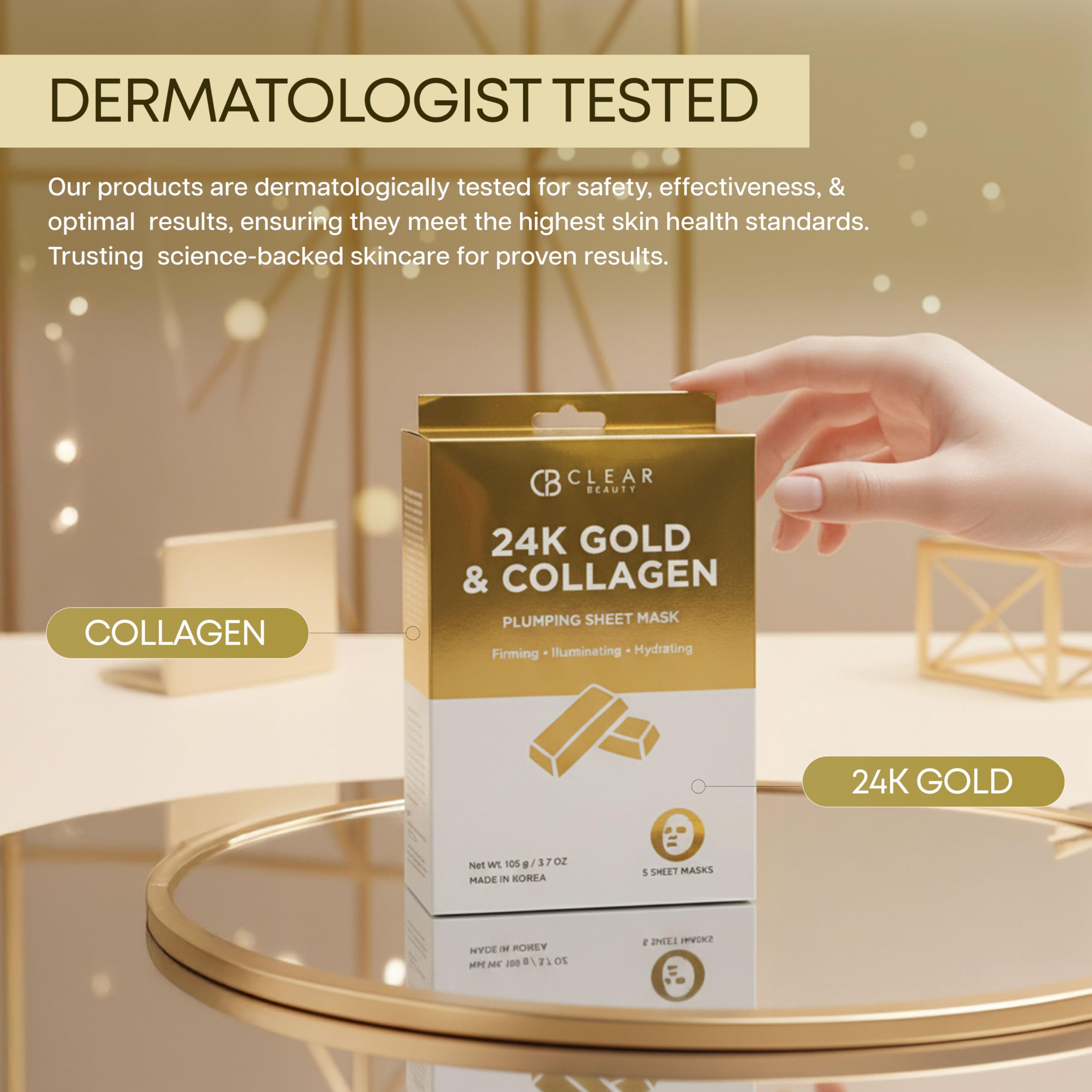 Clear Beauty 24K Gold & Collagen Face Mask – Firming & Hydrating Sheet Masks | Korean Vegan Clean Beauty – 5 Count
