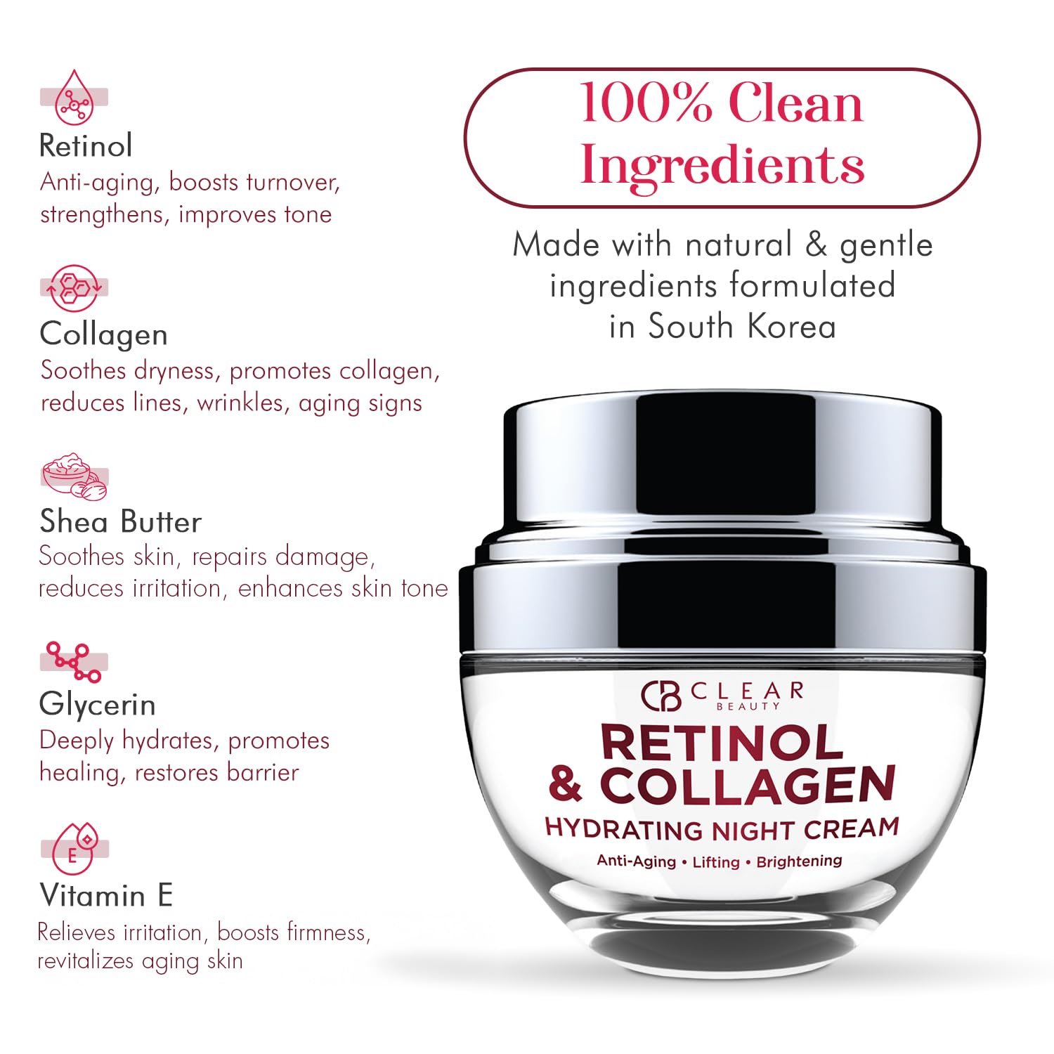 Clear Beauty Collagen & Retinol Night Cream – Firms, Hydrates & Smooths Fine Lines | 1.69 oz | Vegan & Clean K-Beauty