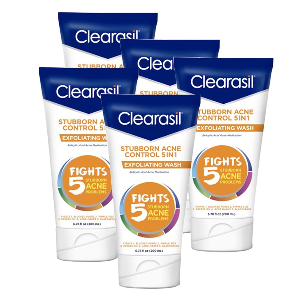 Clearasil Stubborn Acne Control 5in1 Exfoliating Wash – Pack of 5 (6.78 fl oz each)