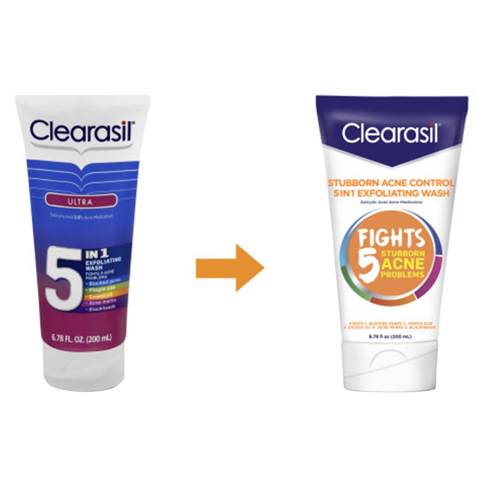 Clearasil Stubborn Acne Control 5in1 Exfoliating Wash – Pack of 5 (6.78 fl oz each)