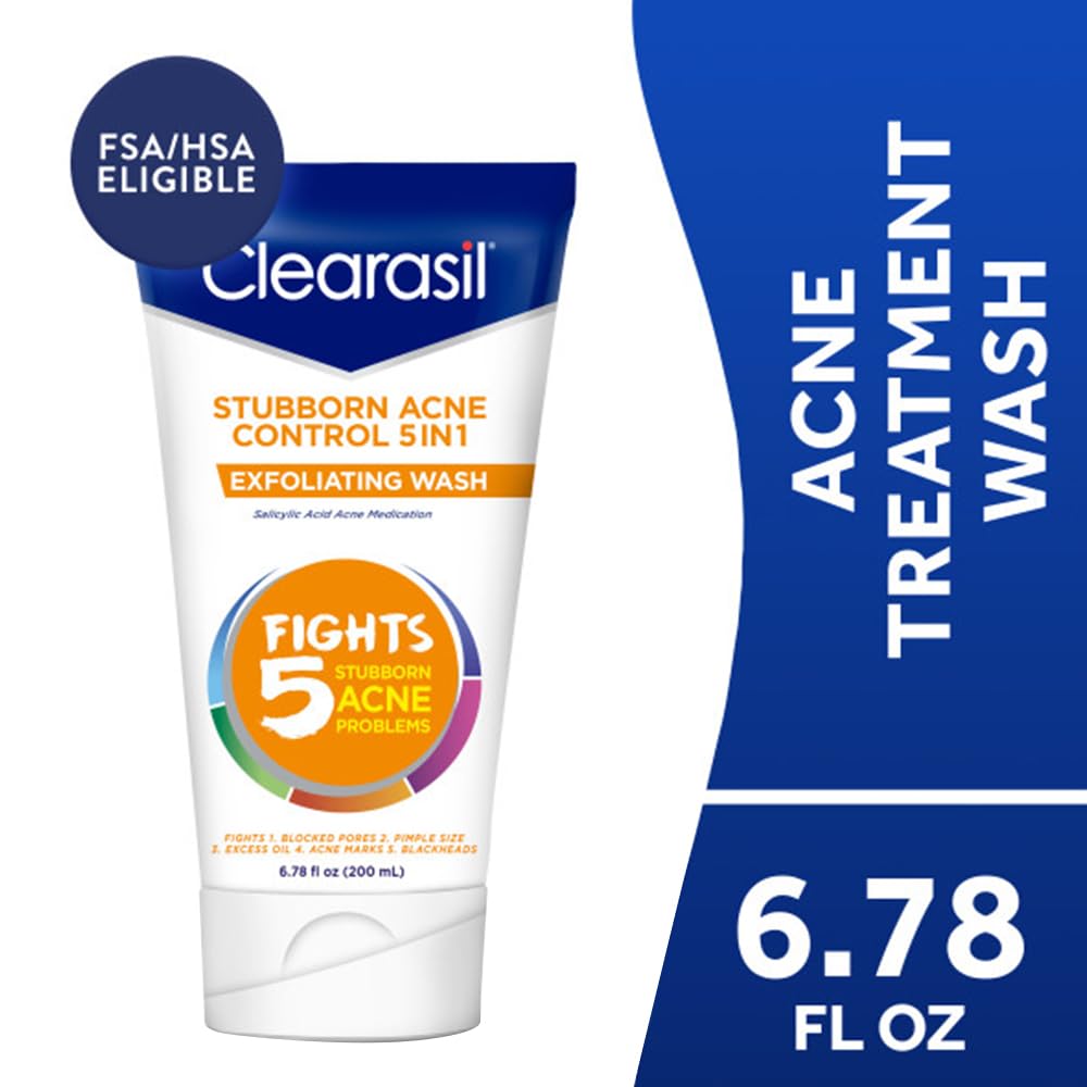 Clearasil Stubborn Acne Control 5in1 Exfoliating Wash – Pack of 5 (6.78 fl oz each)