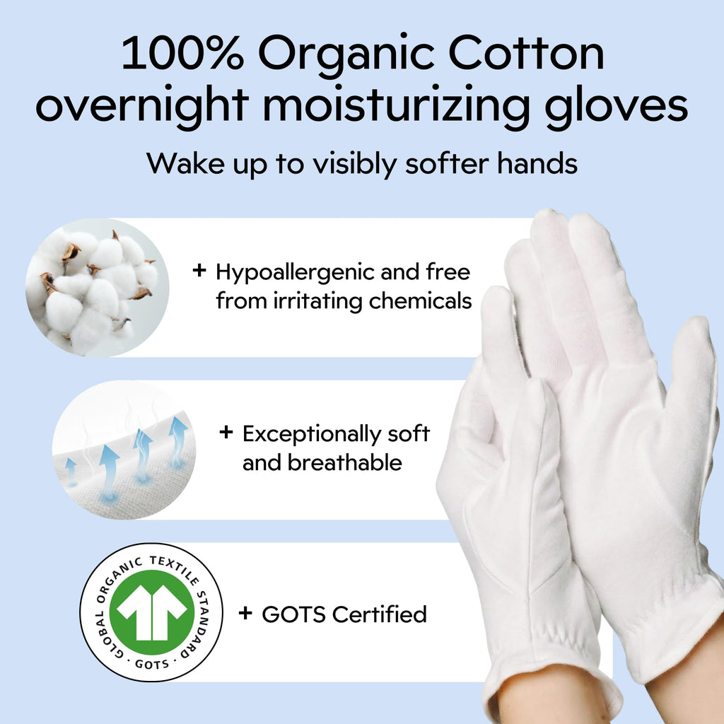 Clearbody Organics Organic Cotton Gloves – 5 Pairs, Large White, Overnight Hydration & Moisturizing for Dry Hands