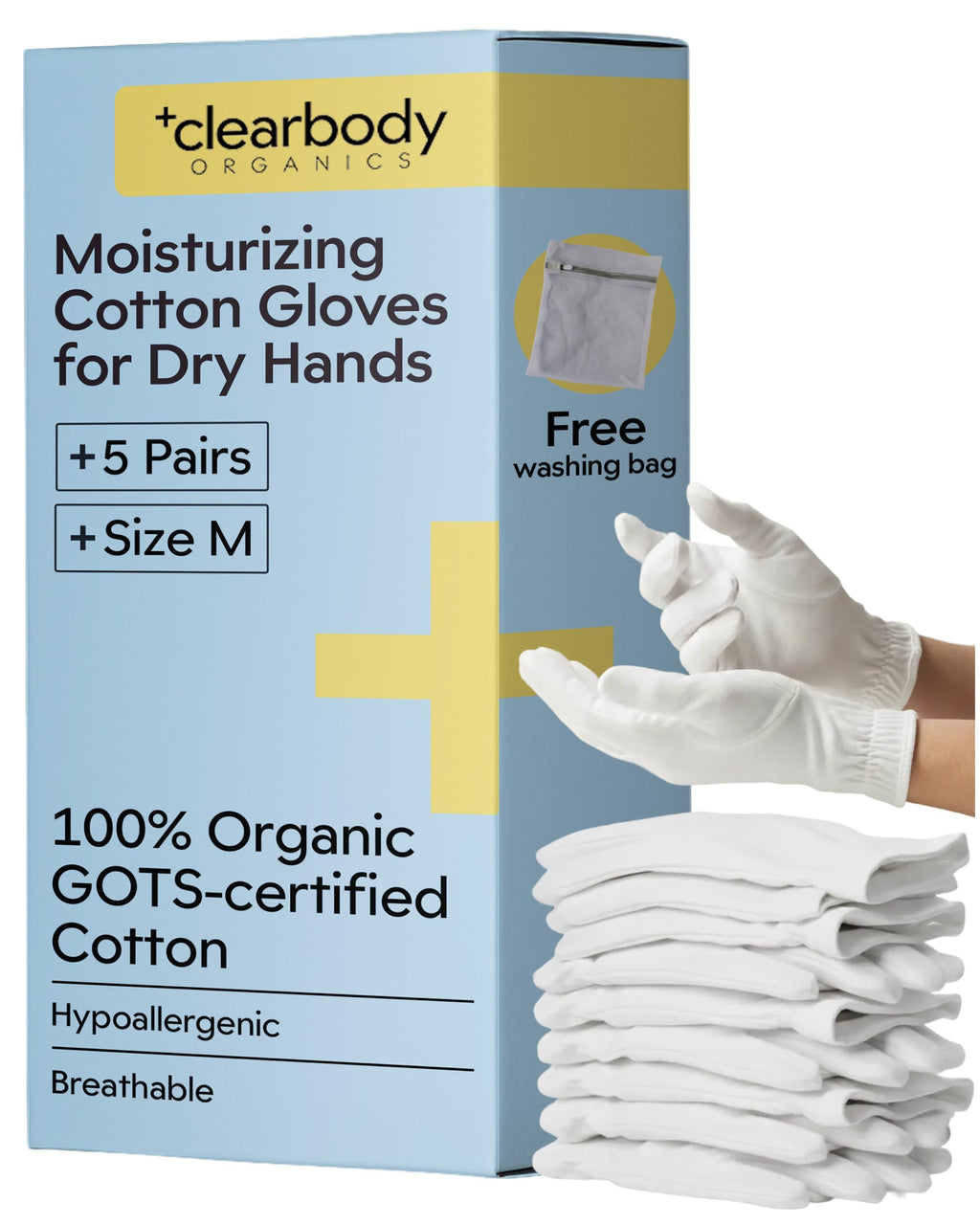 Clearbody Organics 100% Organic Cotton Gloves – 5 Pairs White Sleeping Mitts, Size M