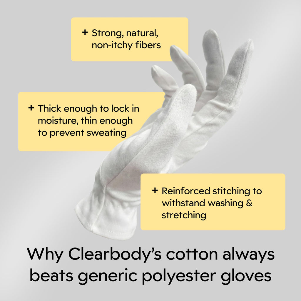 Clearbody Organics Organic Cotton Gloves – 5 Pairs, Large White, Overnight Hydration & Moisturizing for Dry Hands
