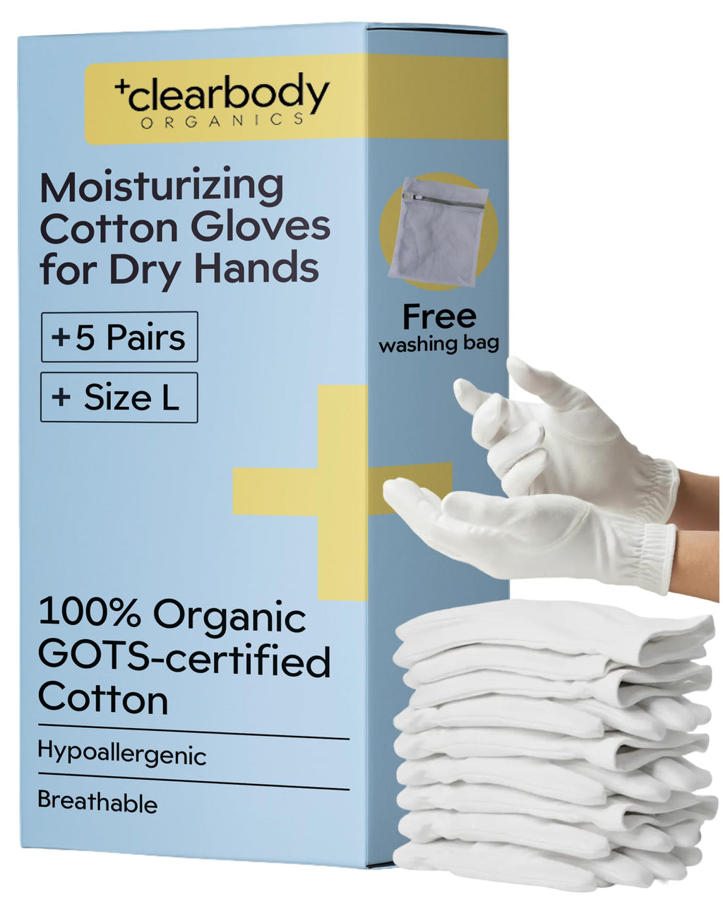 Clearbody Organics Organic Cotton Gloves – 5 Pairs, Large White, Overnight Hydration & Moisturizing for Dry Hands