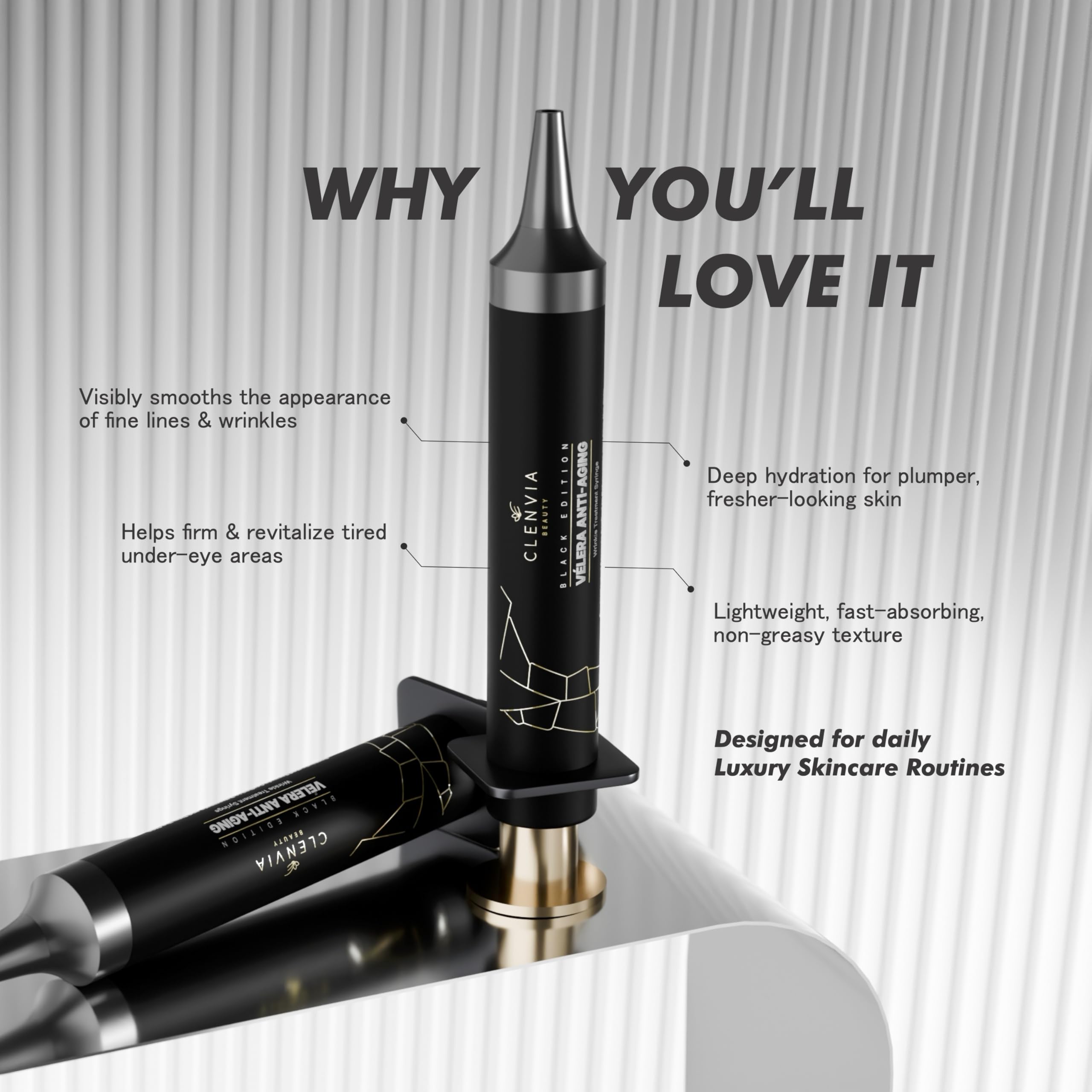 Vélera Black Edition Anti-Aging Wrinkle Treatment Syringe – Clenvia Beauty, 10ml Precision Applicator
