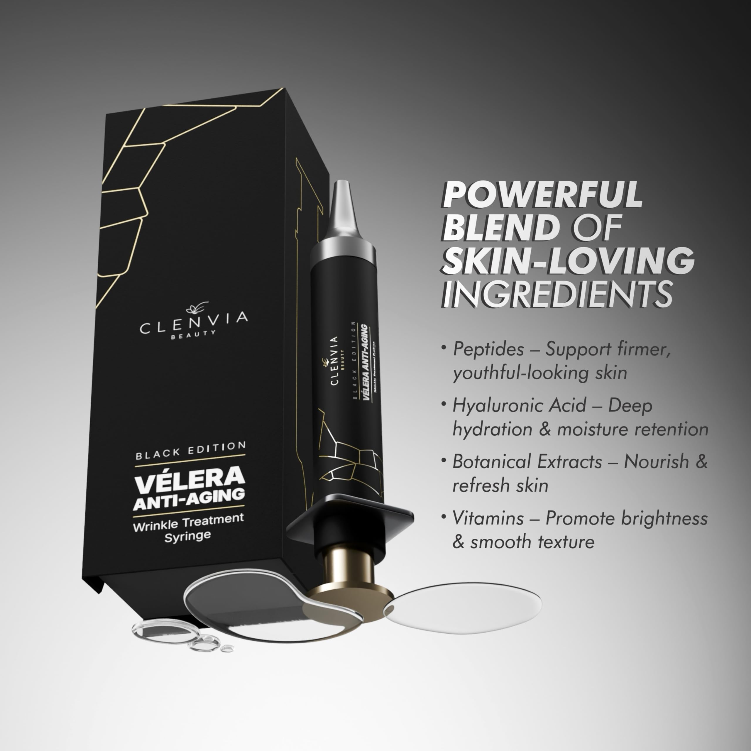 Vélera Black Edition Anti-Aging Wrinkle Treatment Syringe – Clenvia Beauty, 10ml Precision Applicator